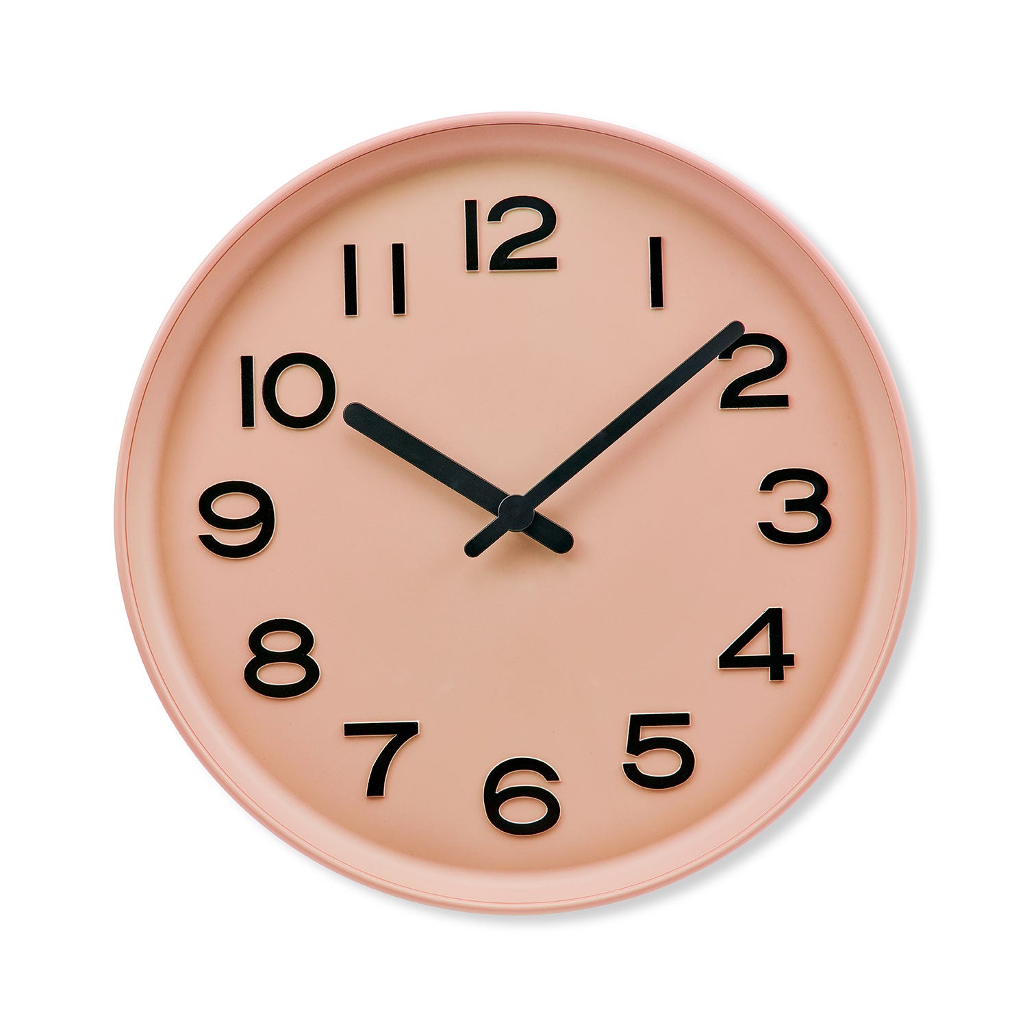 Apricotfarbene Wanduhr mit schwarzem Ziffernblatt und Zeigern, rundes Gehäuse