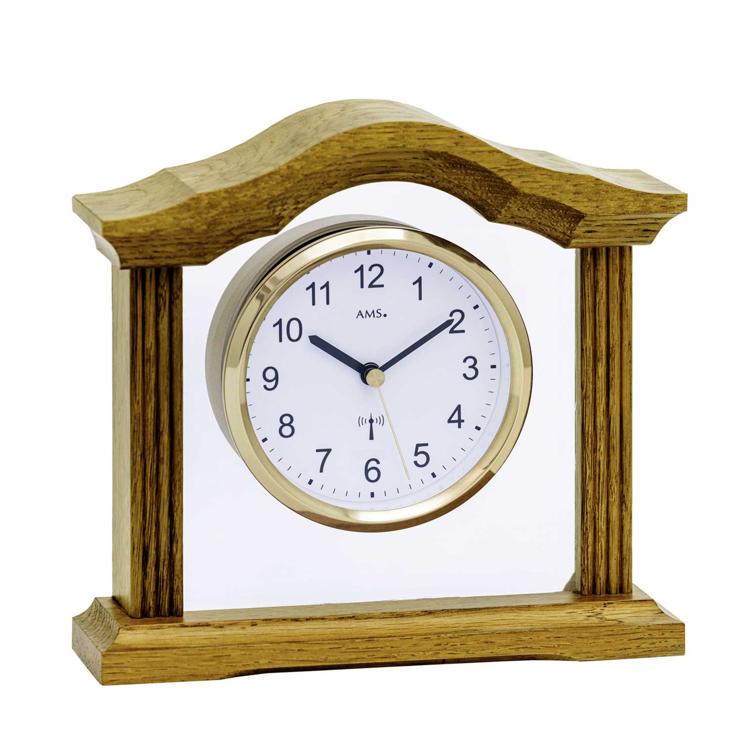 Table clock with solid oak housing and round dial, white with blue hands