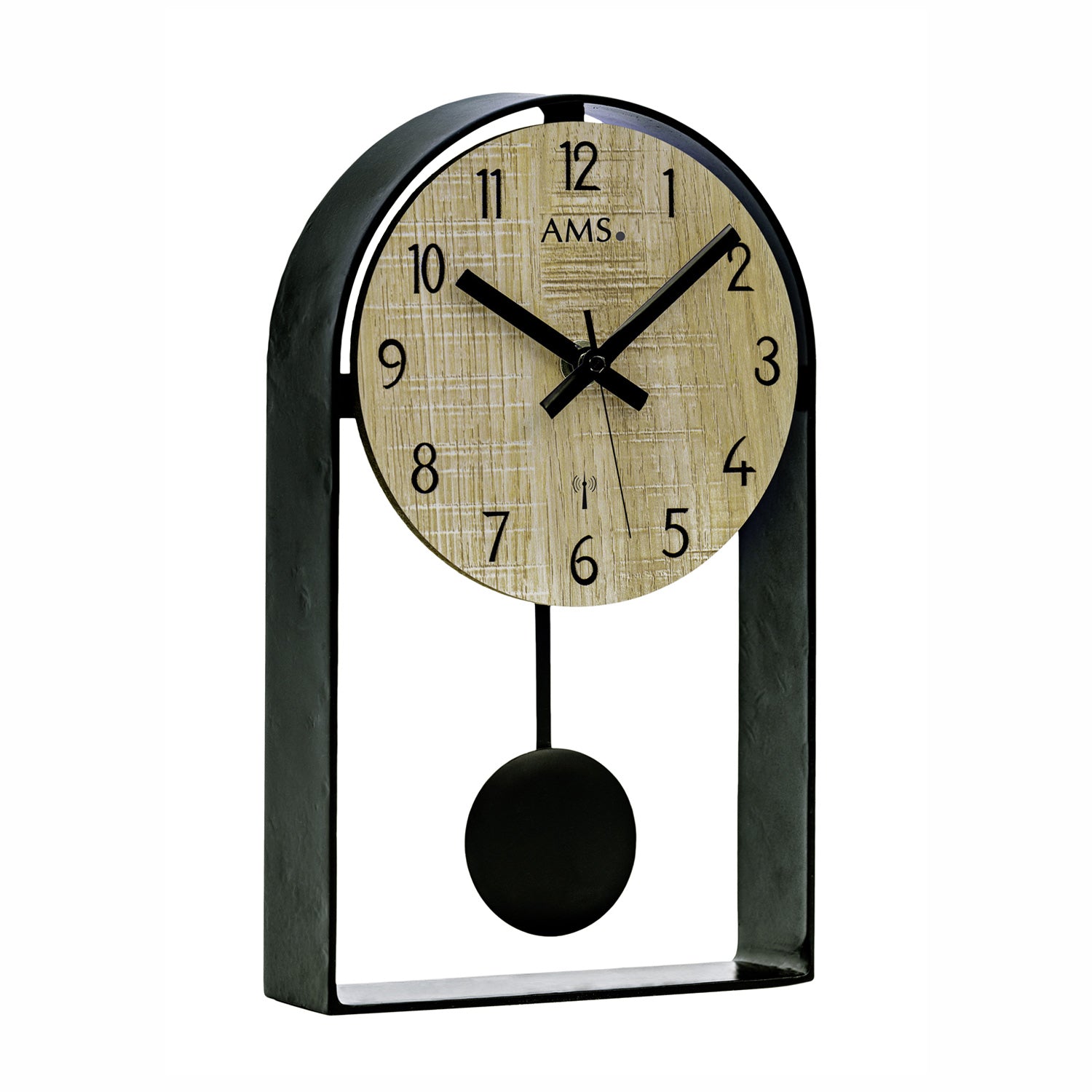 Table clock with pendulum movement, round wood-look dial, and dark housing