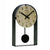 Table clock with pendulum movement, round wood-look dial, and dark housing
