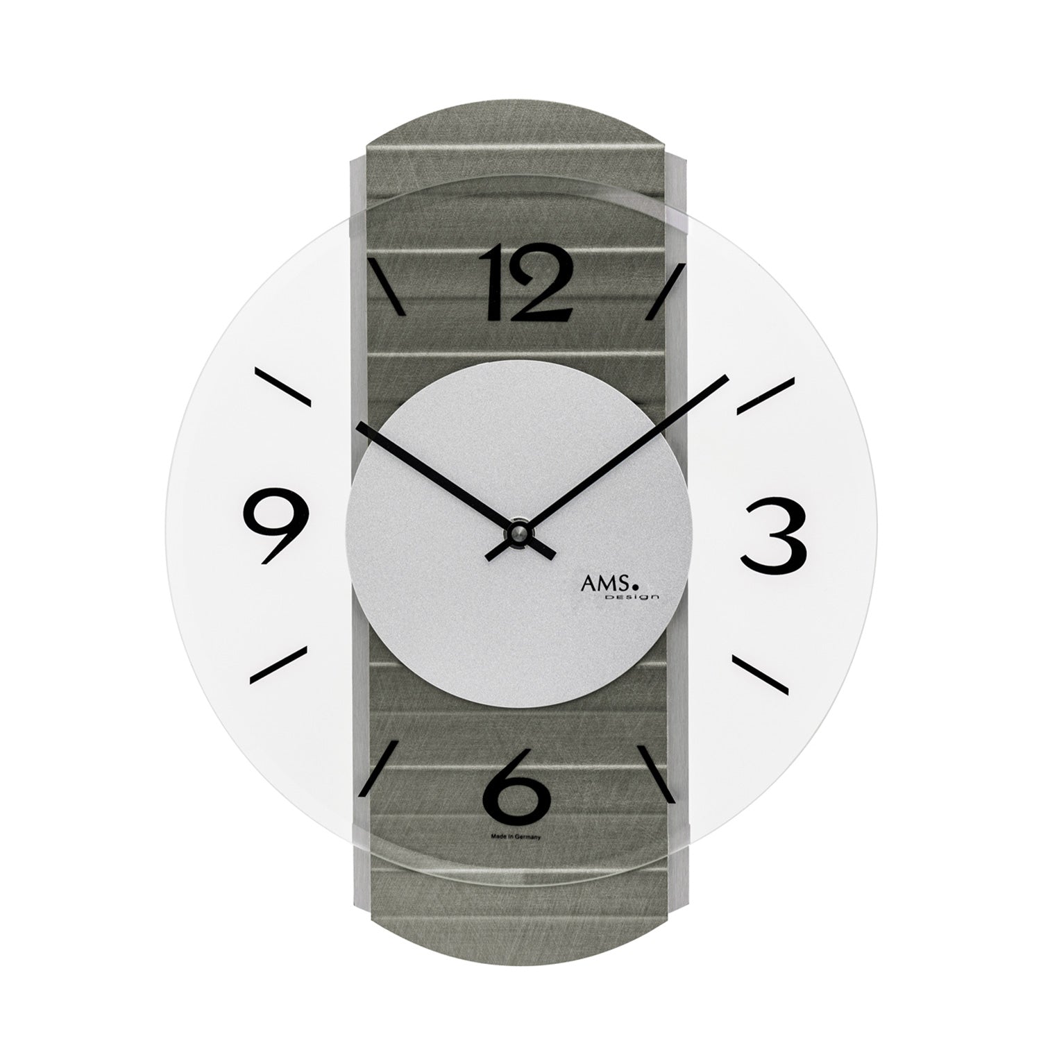 Wall clock with gray wooden case, black dial, black hands, and glass