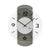 Wall clock with gray wooden case, black dial, black hands, and glass
