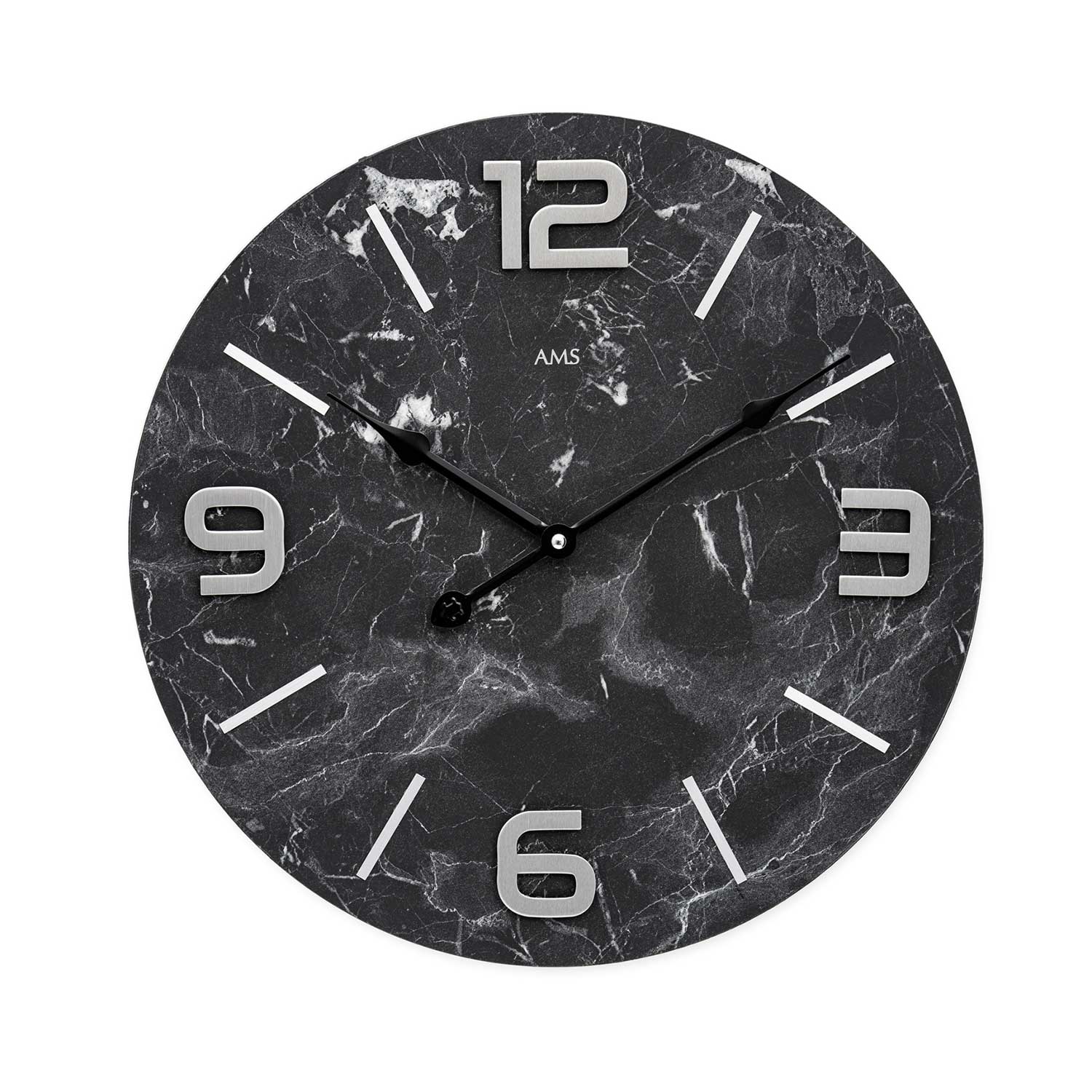 Wall clock with anthracite marble dial, metal numerals and hands