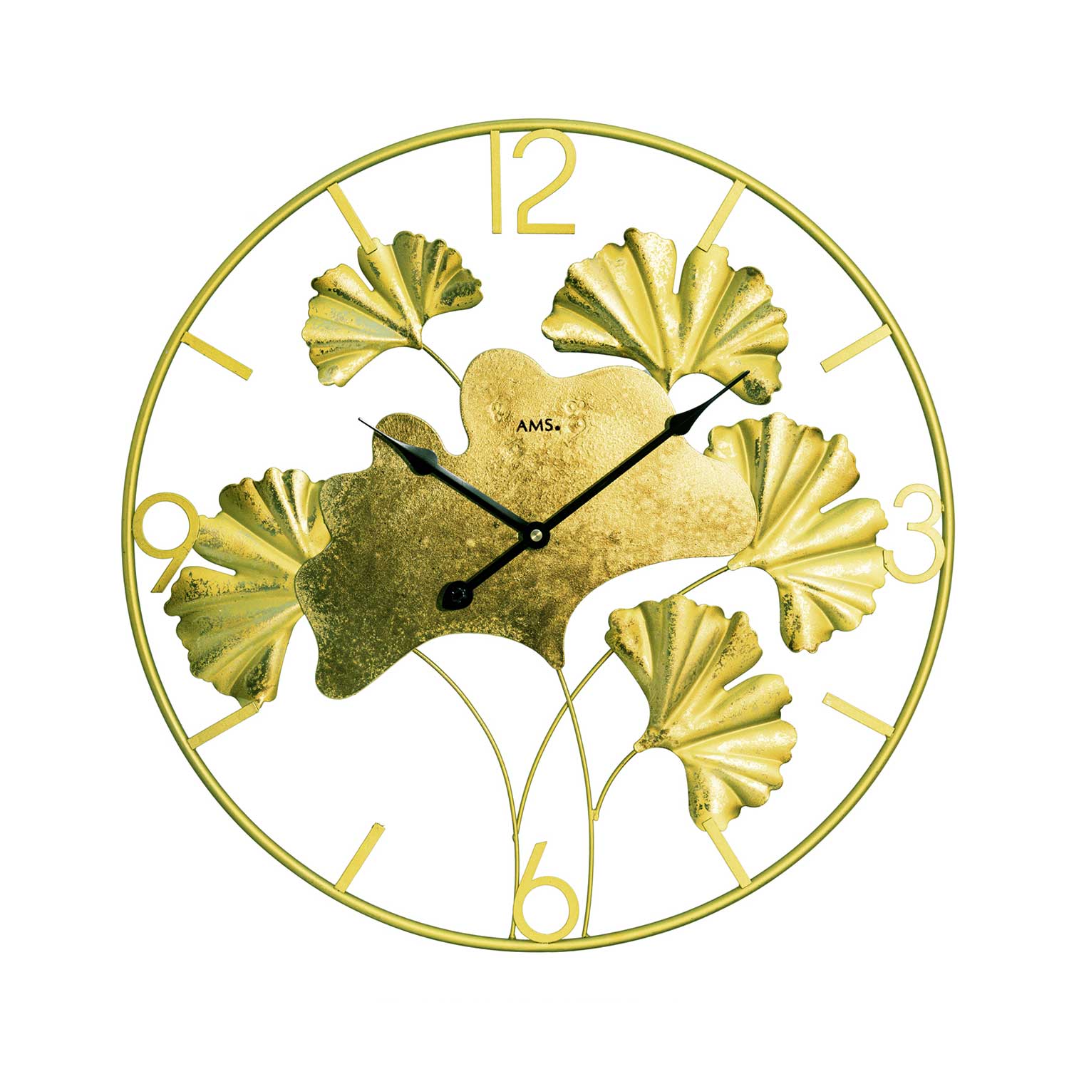 Round wall clock with gold-colored metal casing, leaf design, and black hands
