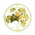 Round wall clock with gold-colored metal casing, leaf design, and black hands