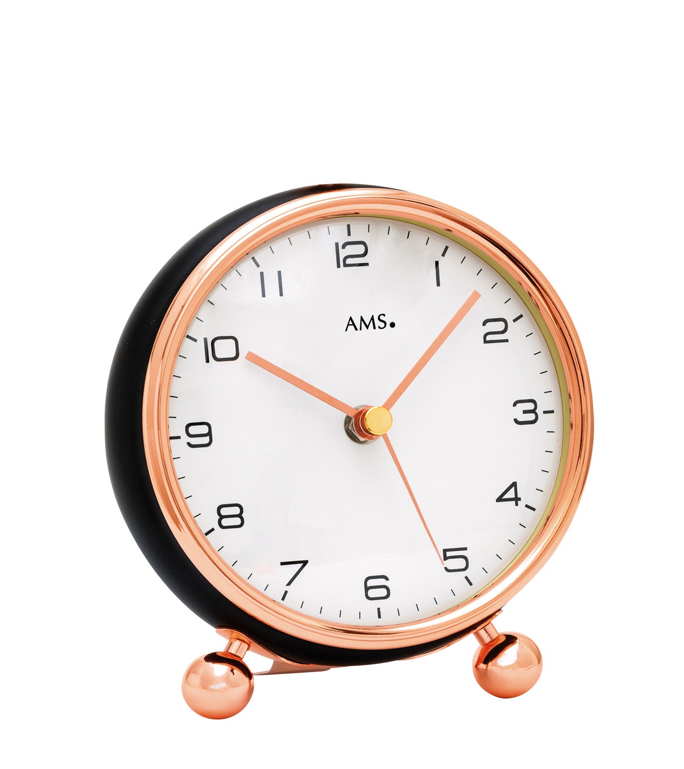 Funktionell bordsklocka med svart ram, kopparfärgad infattning och vit urtavla