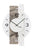 Wanduhr mit rundem weißem Zifferblatt, schwarzen Zeigern und Ziffern, grauem Naturstein-Element