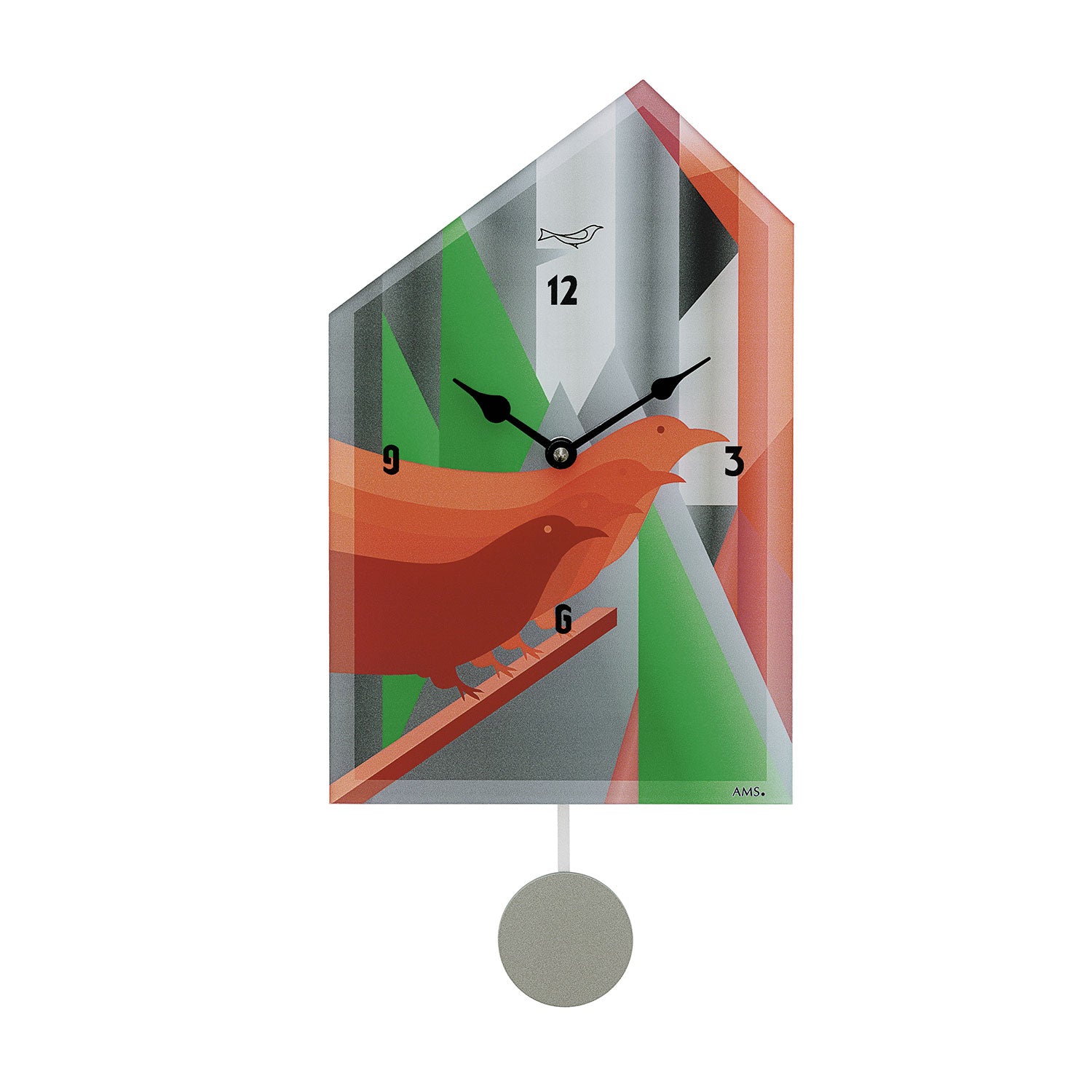 Wanduhr mit Pendelgewicht und Ziffern, mehrfarbiges Motiv mit Vogel