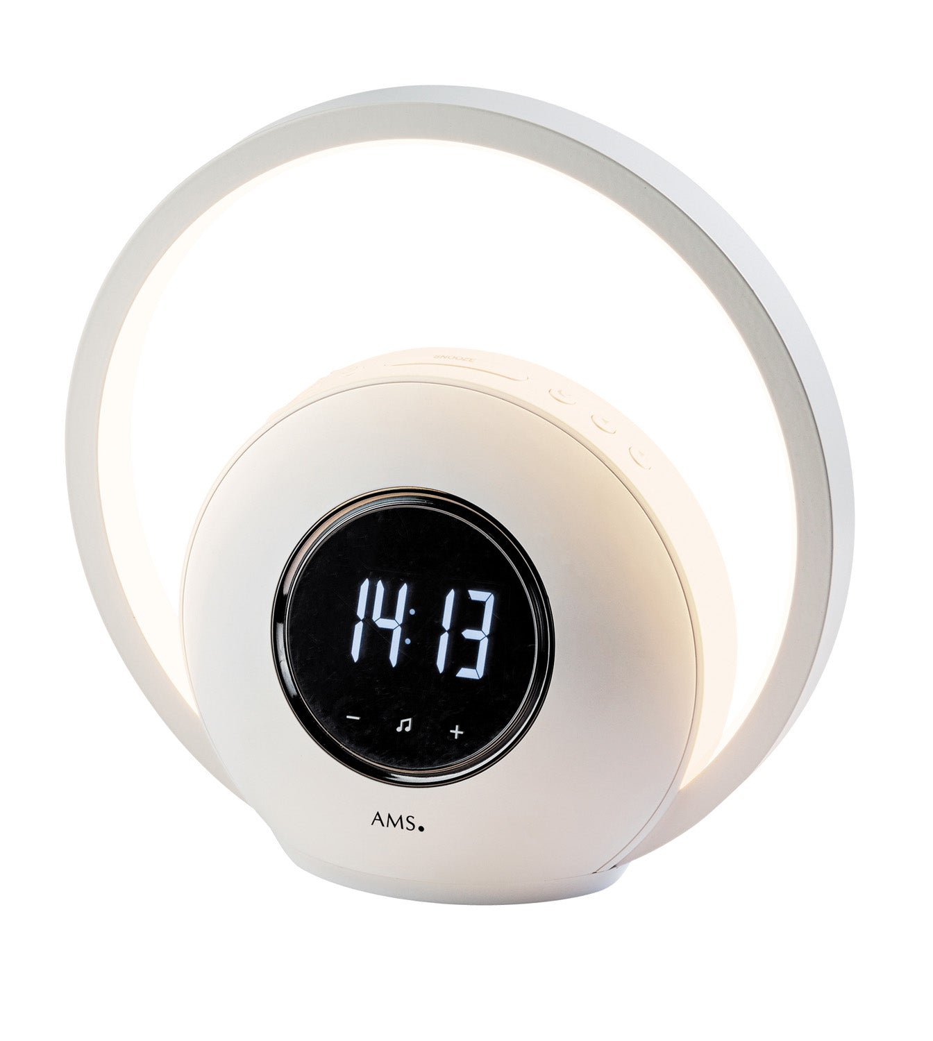 Ljusväckarklocka i vitt med rund display och LED-tidsvisning 14:13