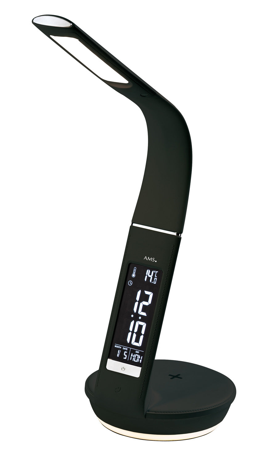 Digital AMS-väckarklocka med display och stativ, svart