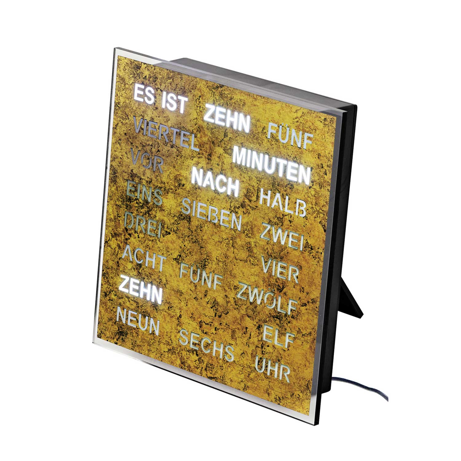 Wall clock word clock with LED display, gold-brown dial and black frame, power adapter cable