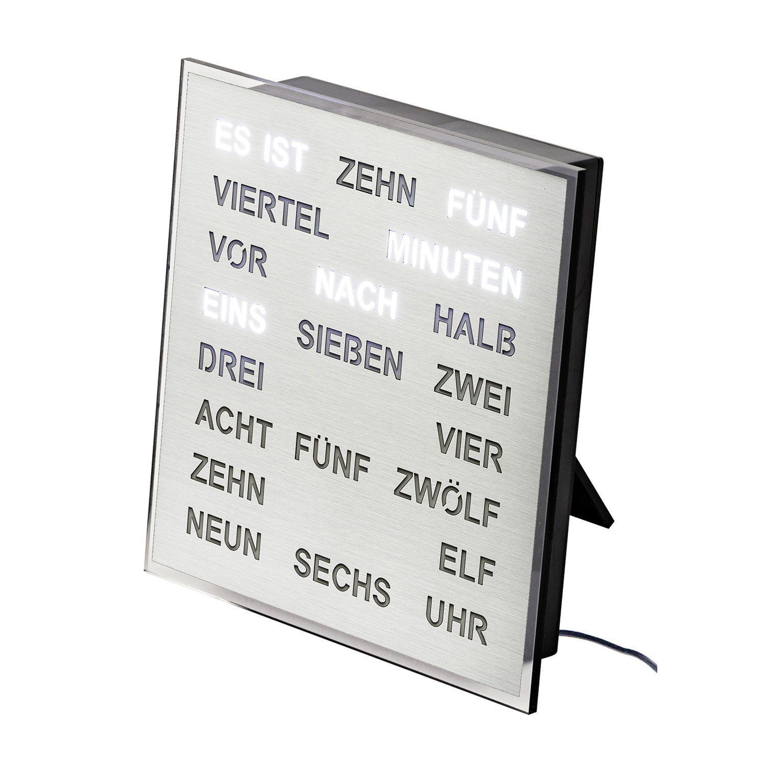 LED word clock with aluminum frame, illuminated German minute words, stand, and cable