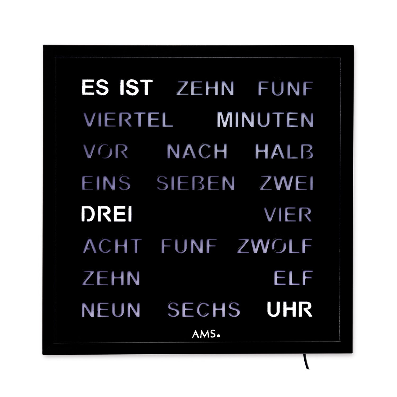 Black wall clock with word display and LED screen in a rectangular case