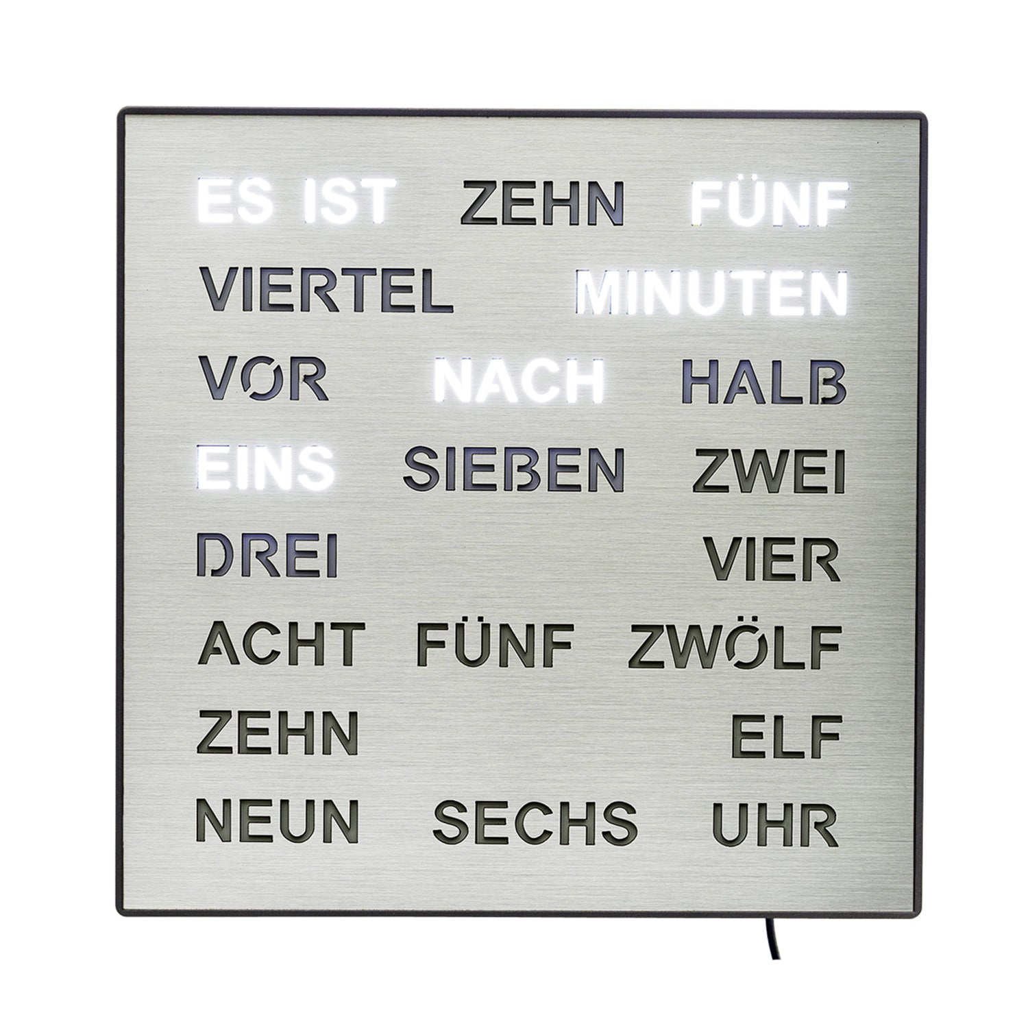 Wall clock with LED word display in aluminum frame, display clearly readable.