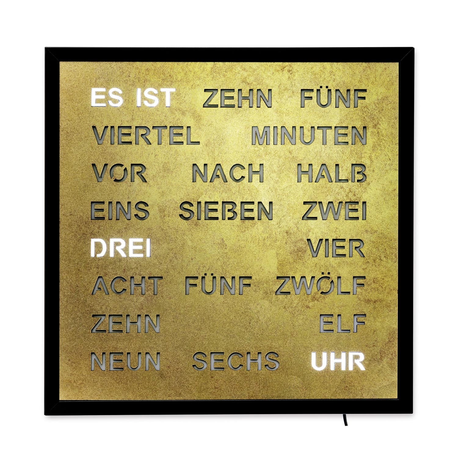 Wall clock with LED word display, gold-colored dial with word time