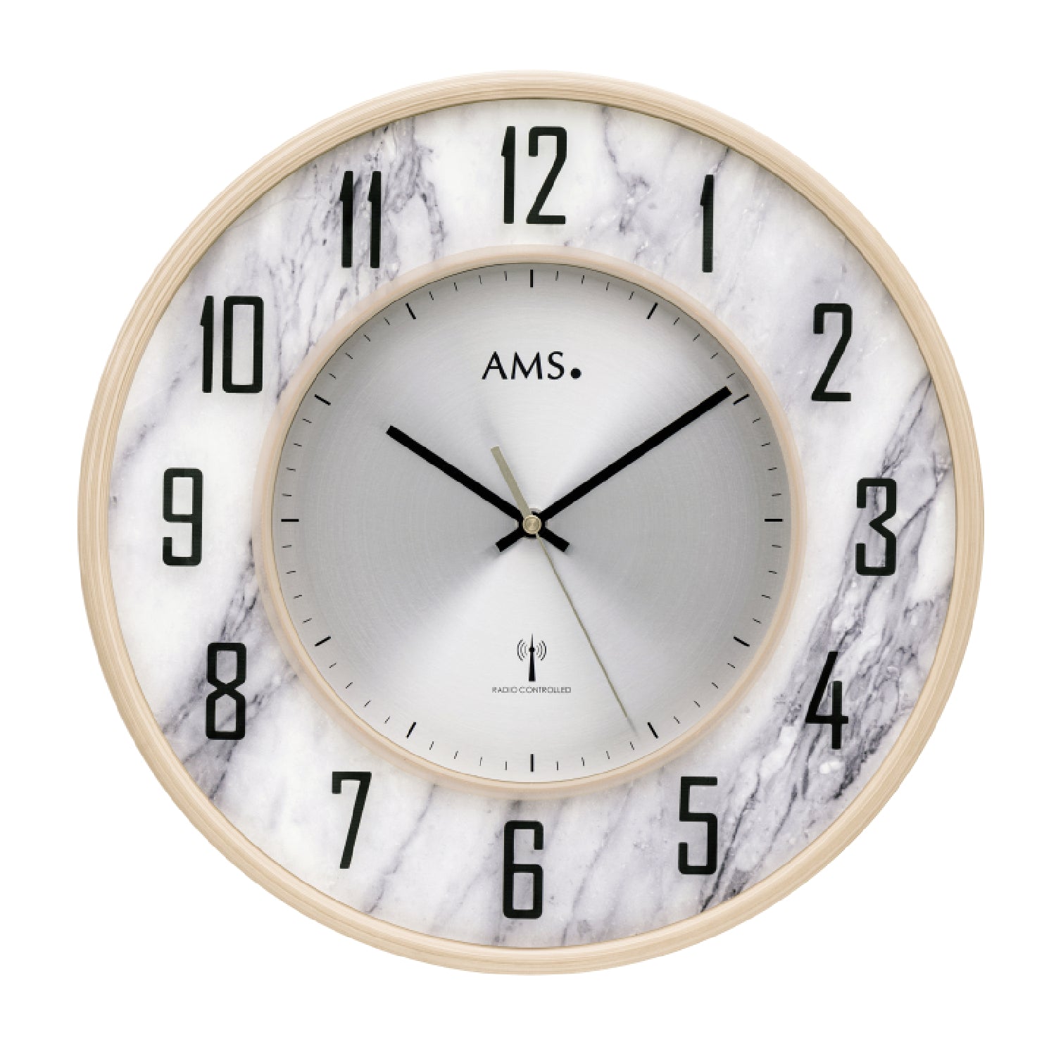 AMS wall clock with marbled dial look, Roman numerals, and quartz hands