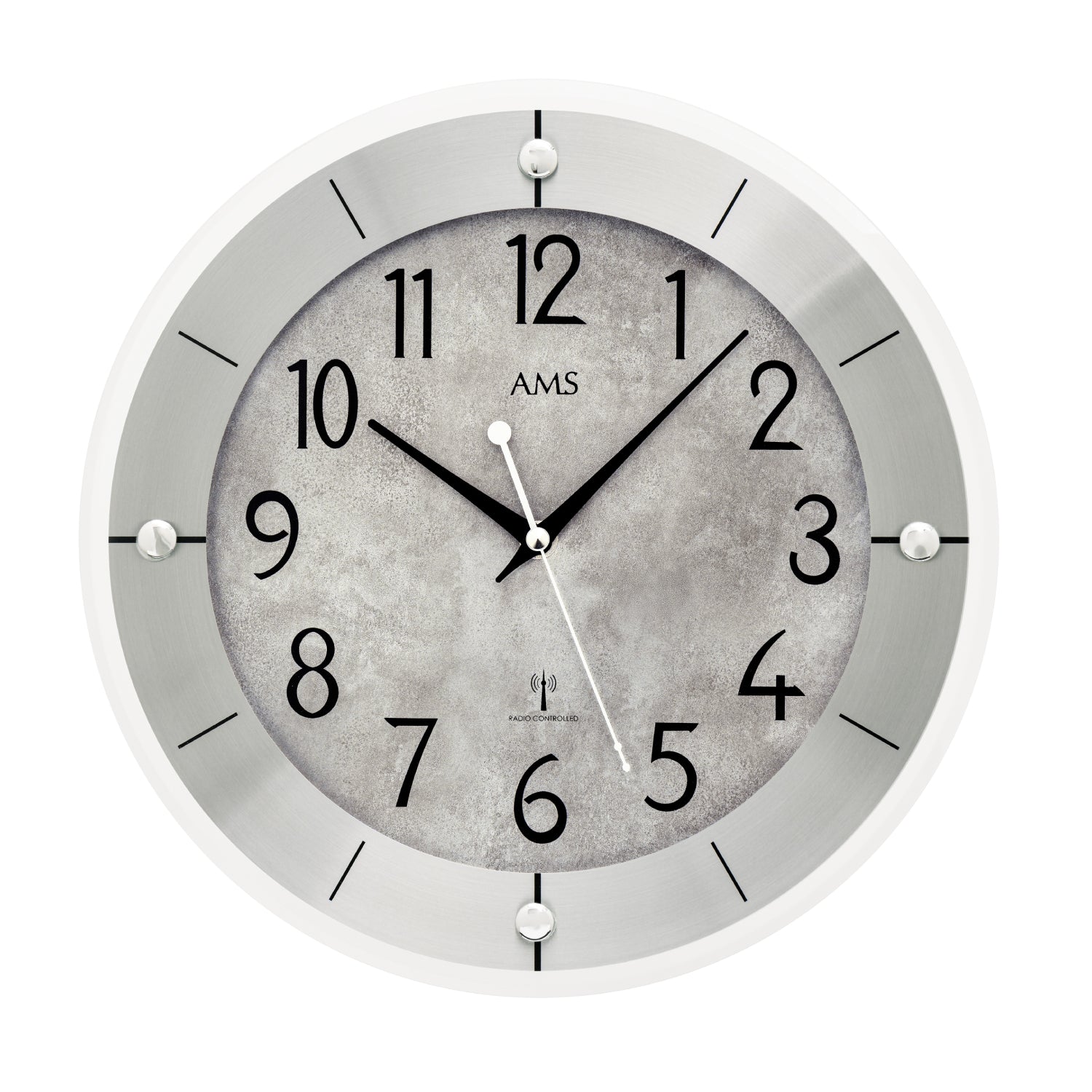 Round wall clock with silver antique surround and gray dial with black numerals
