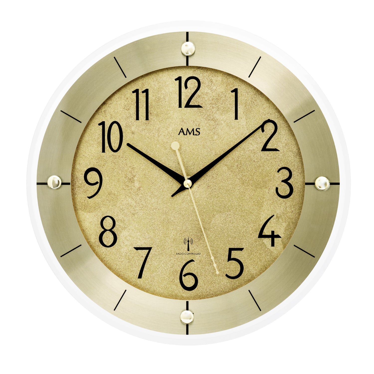 AMS wall clock with radio control, gold-colored dial, antique brass frame, and black hands