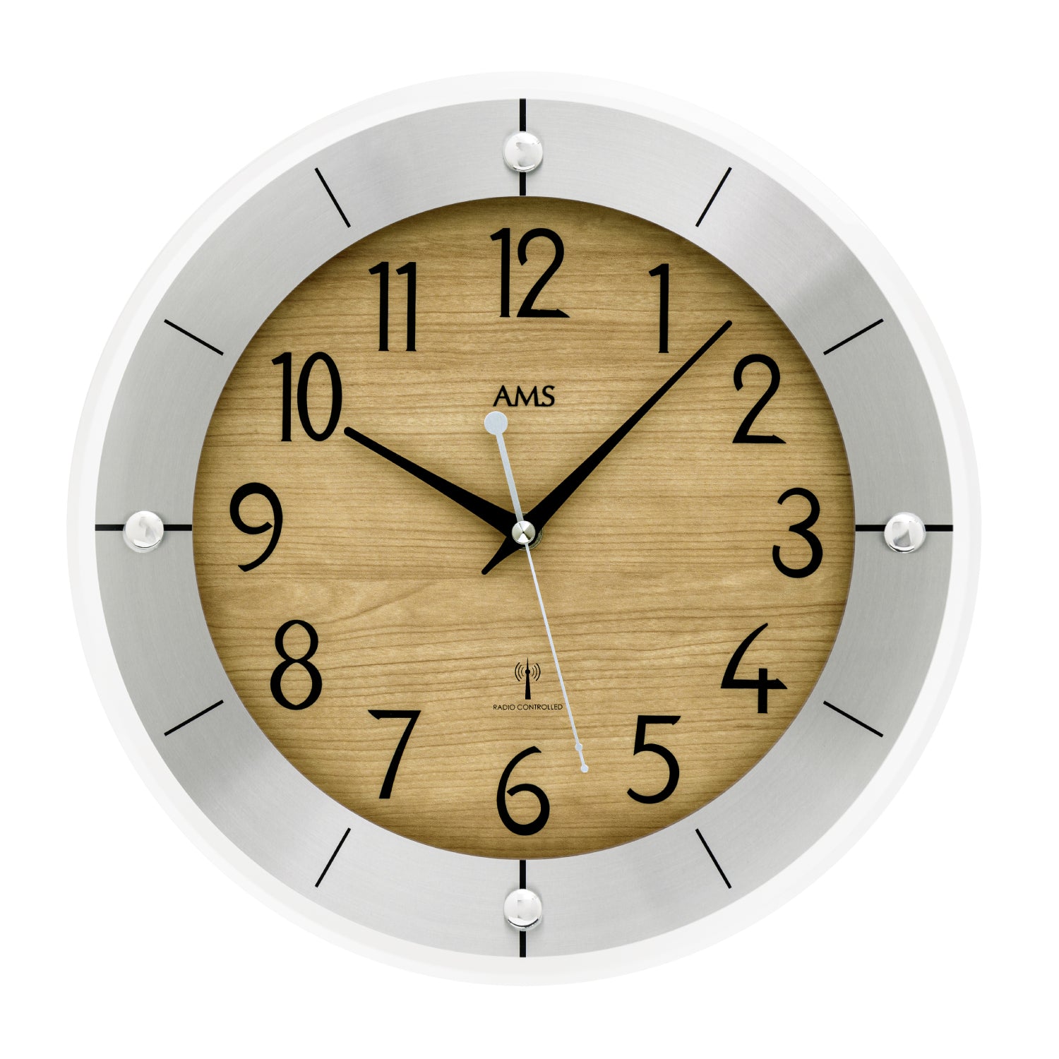 Wall clock with round beech wood dial, black numerals and hands, AMS