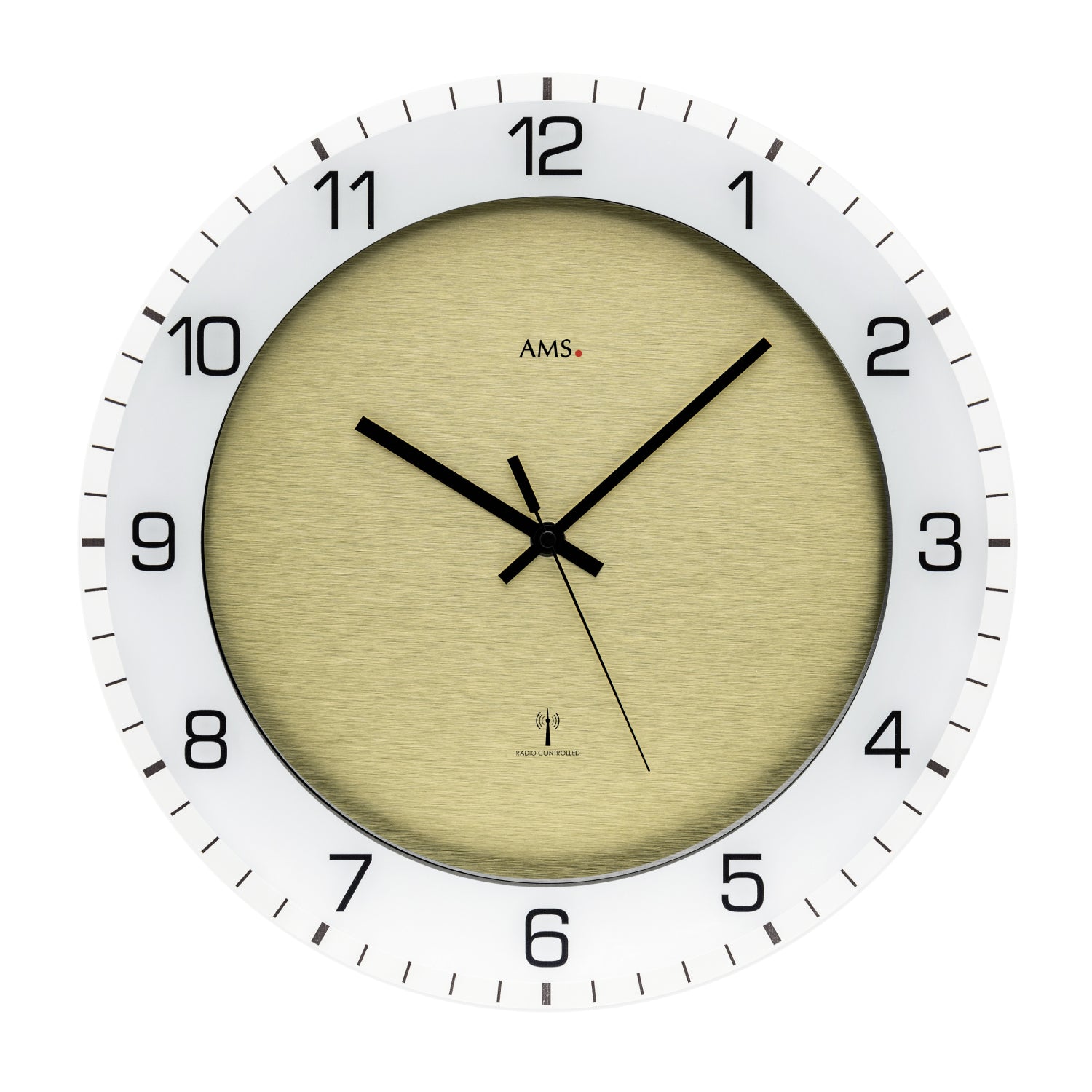 Beige wall clock with black dial and black hands, round, with AMS logo