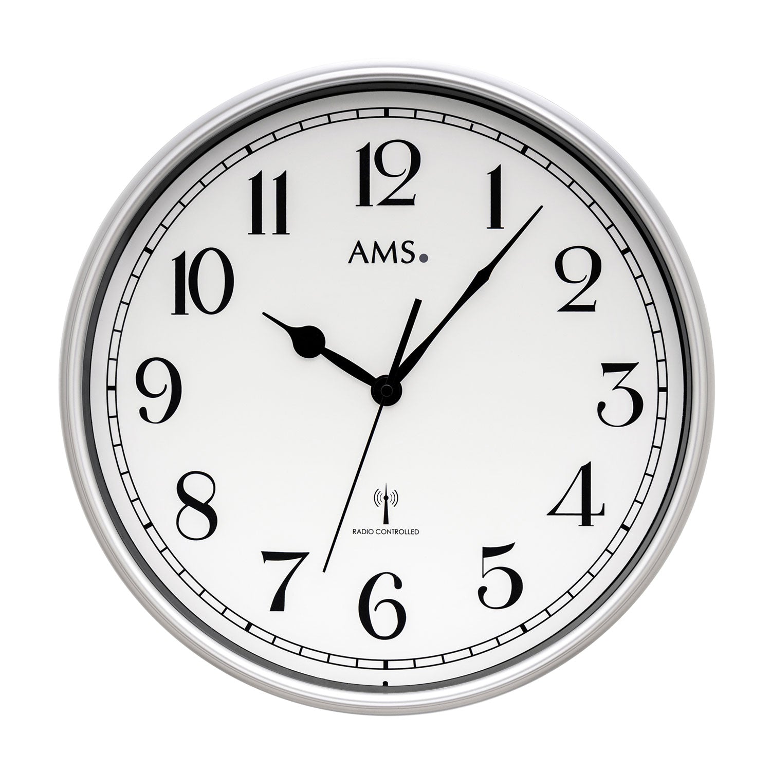 AMS radio-controlled wall clock with round dial, black numbers and hands, silver frame