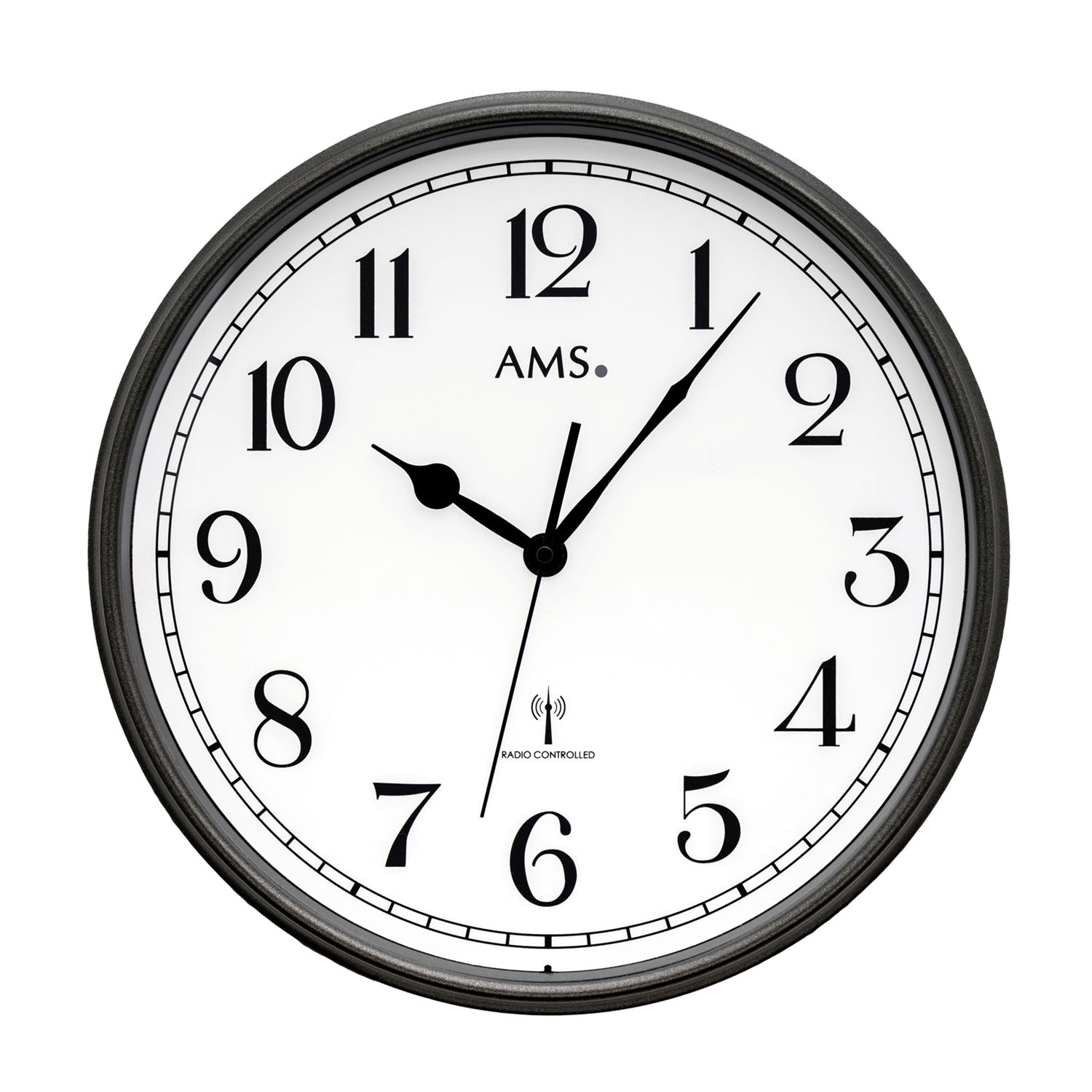 AMS radio-controlled wall clock with dark frame, white dial, and black hands