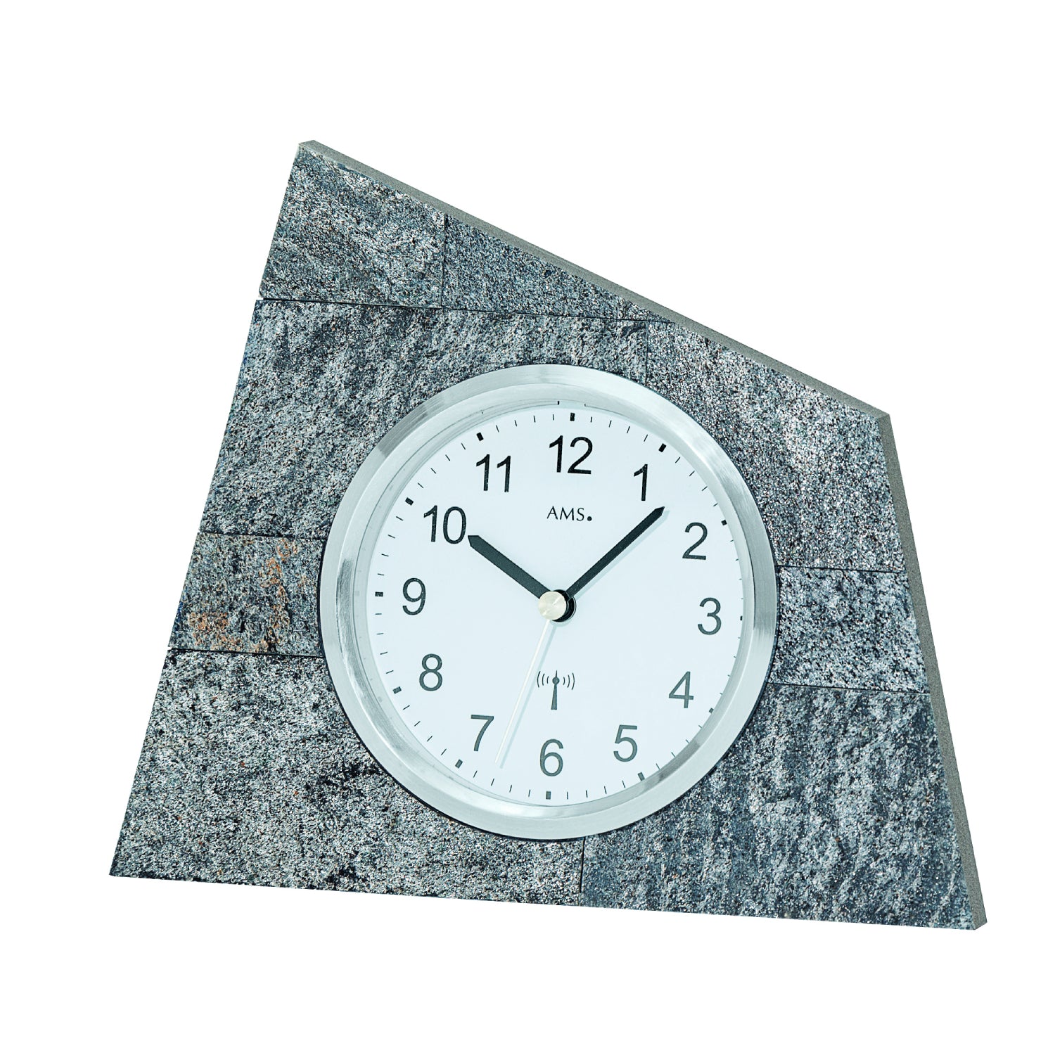 Bordsklocka med analog urtavla och grått naturstenshölje, rund front
