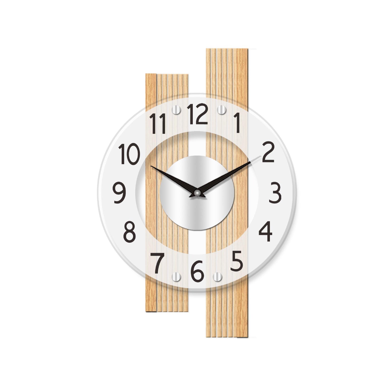 Wall clock with round dial, wooden frame, and satin-finished glass