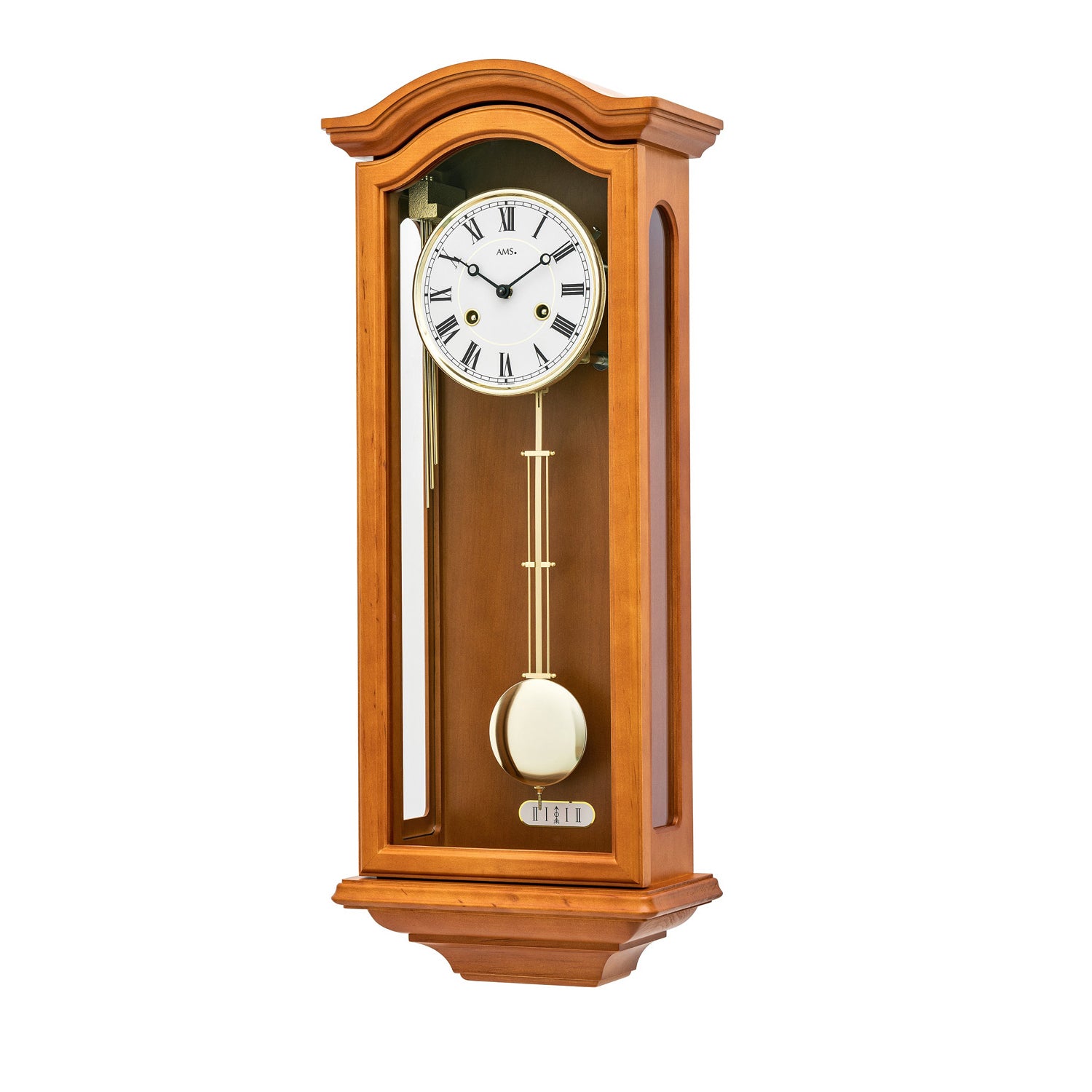 Cherry wood wall clock with white dial and pendulum