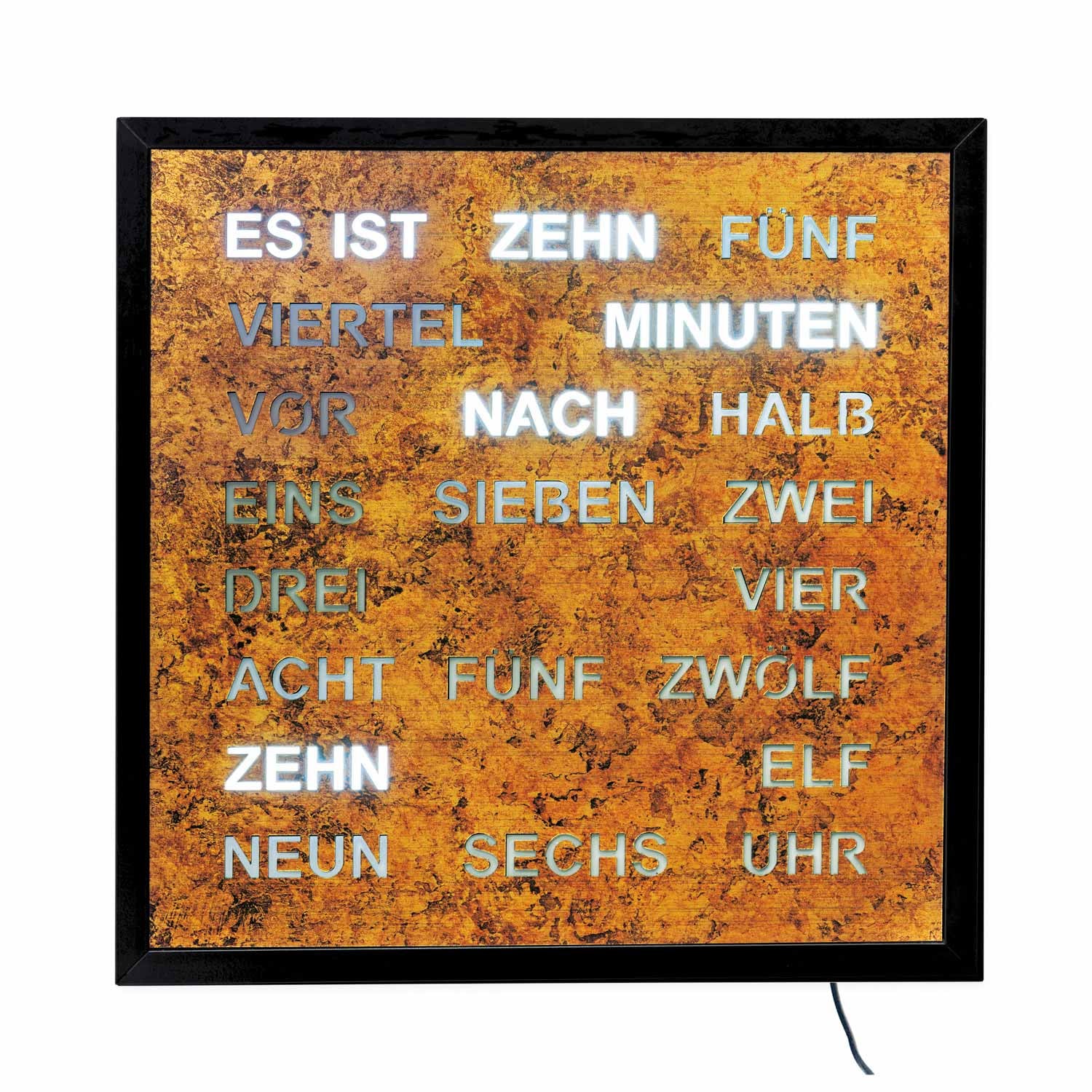Wall clock with LED word display, gold-brown dial, black frame, cable connection