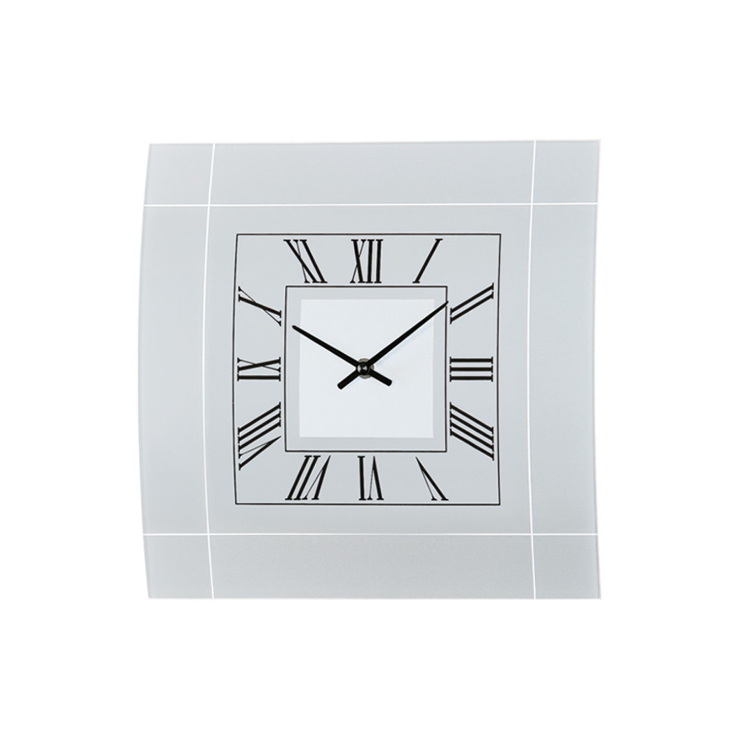 Wanduhr mit rechteckigem Mineralglasrahmen, quadratischem Zifferblatt mit römischen Zahlen