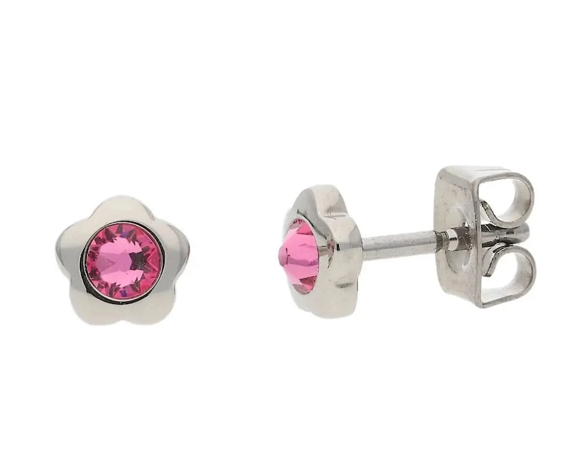 Titanium Stud Earrings Flower Pink Zirconia Boccia Jewelry 05094-02