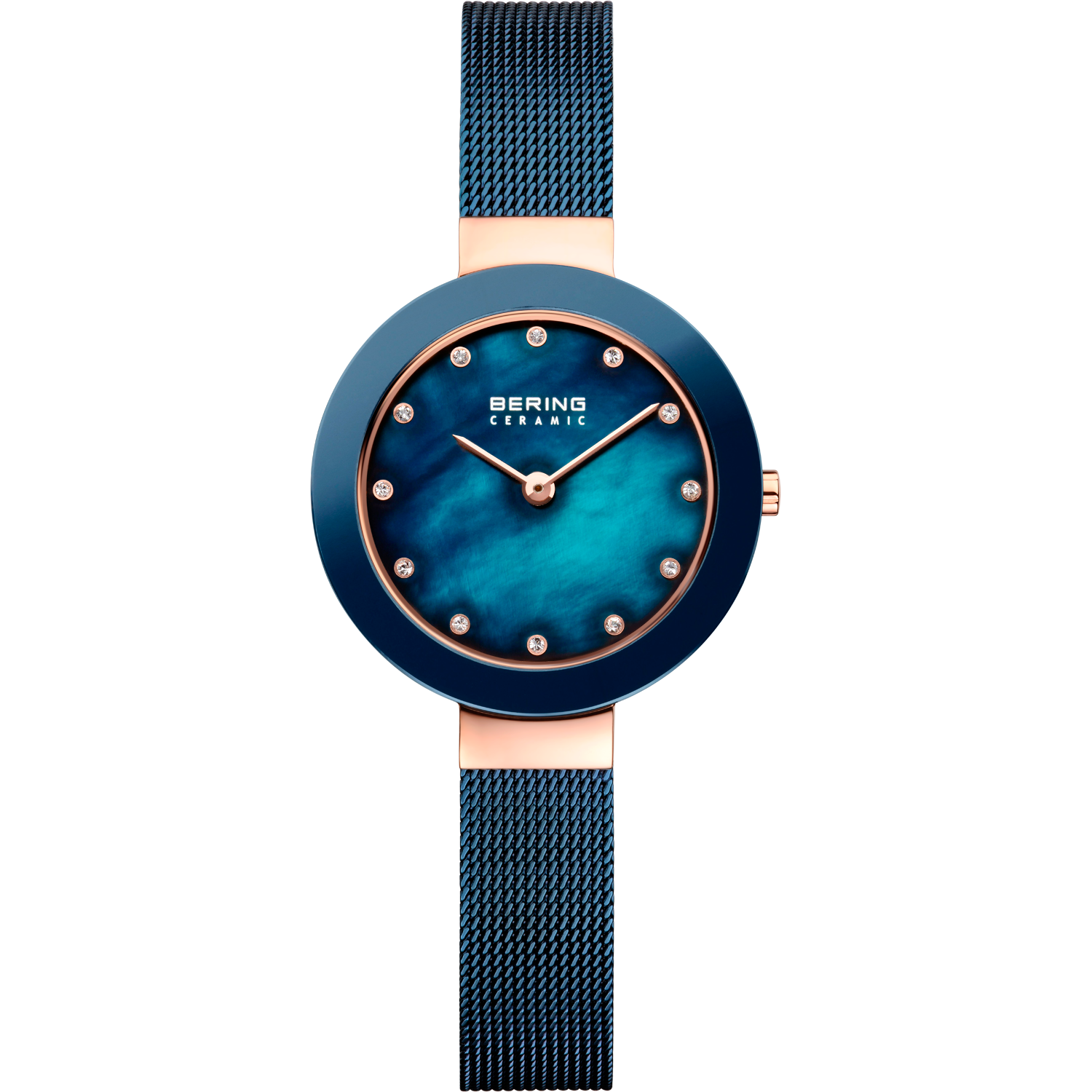 Bering Damenarmbanduhr aus Keramik mit blauem Zifferblatt und Milanaise-Armband