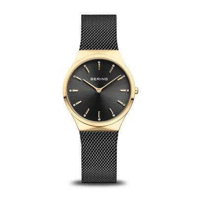 Bering Damenuhr mit goldfarbenem Gehäuse und schwarzem Zifferblatt, Milanaise-Armband