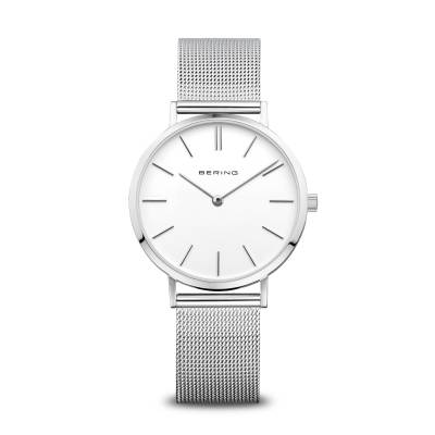 Bering Damenuhr mit weißem Zifferblatt und silbernem Milanaise-Armband