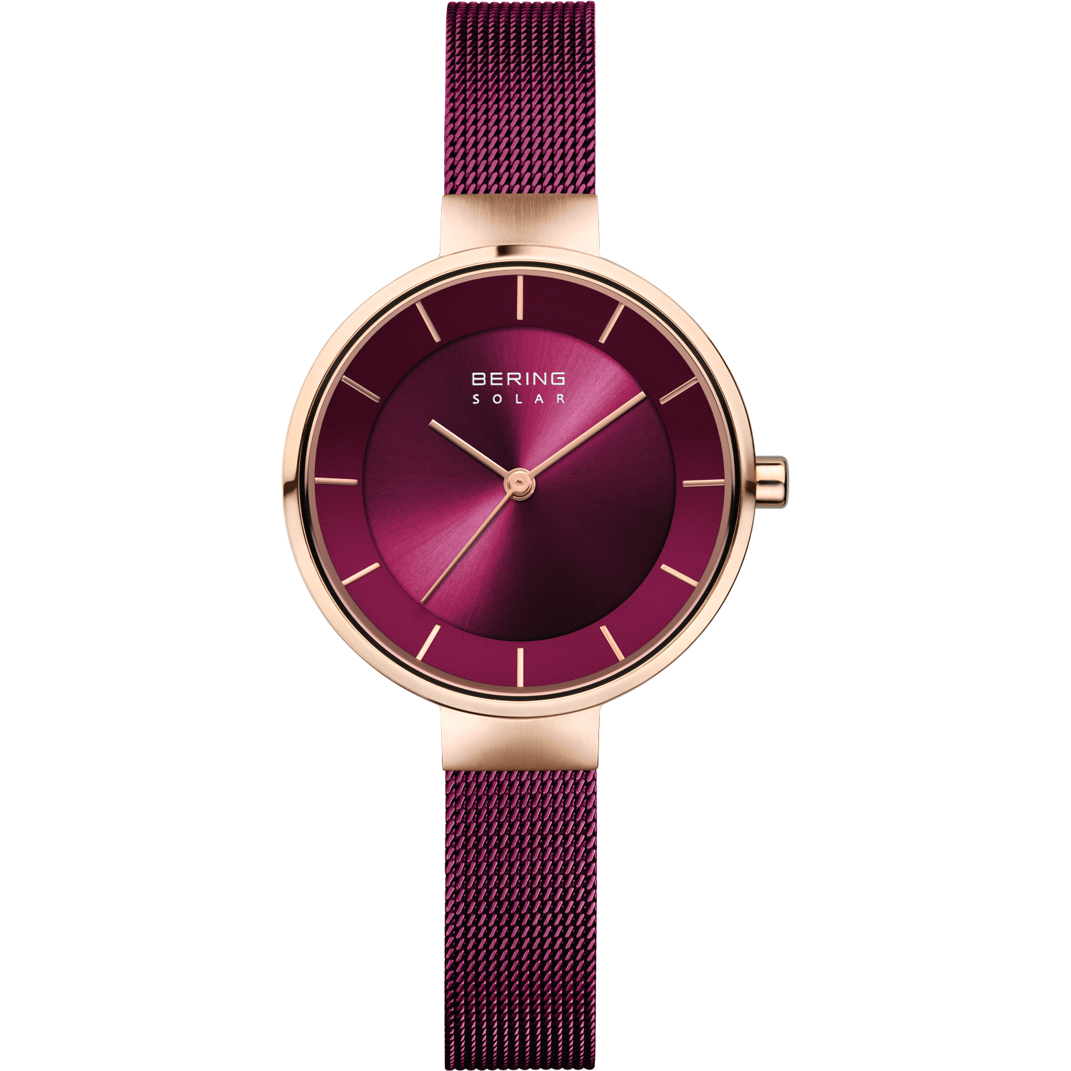 Bering Damen-Armbanduhr mit roségoldenem Gehäuse, violettem Zifferblatt und Milanaiseband