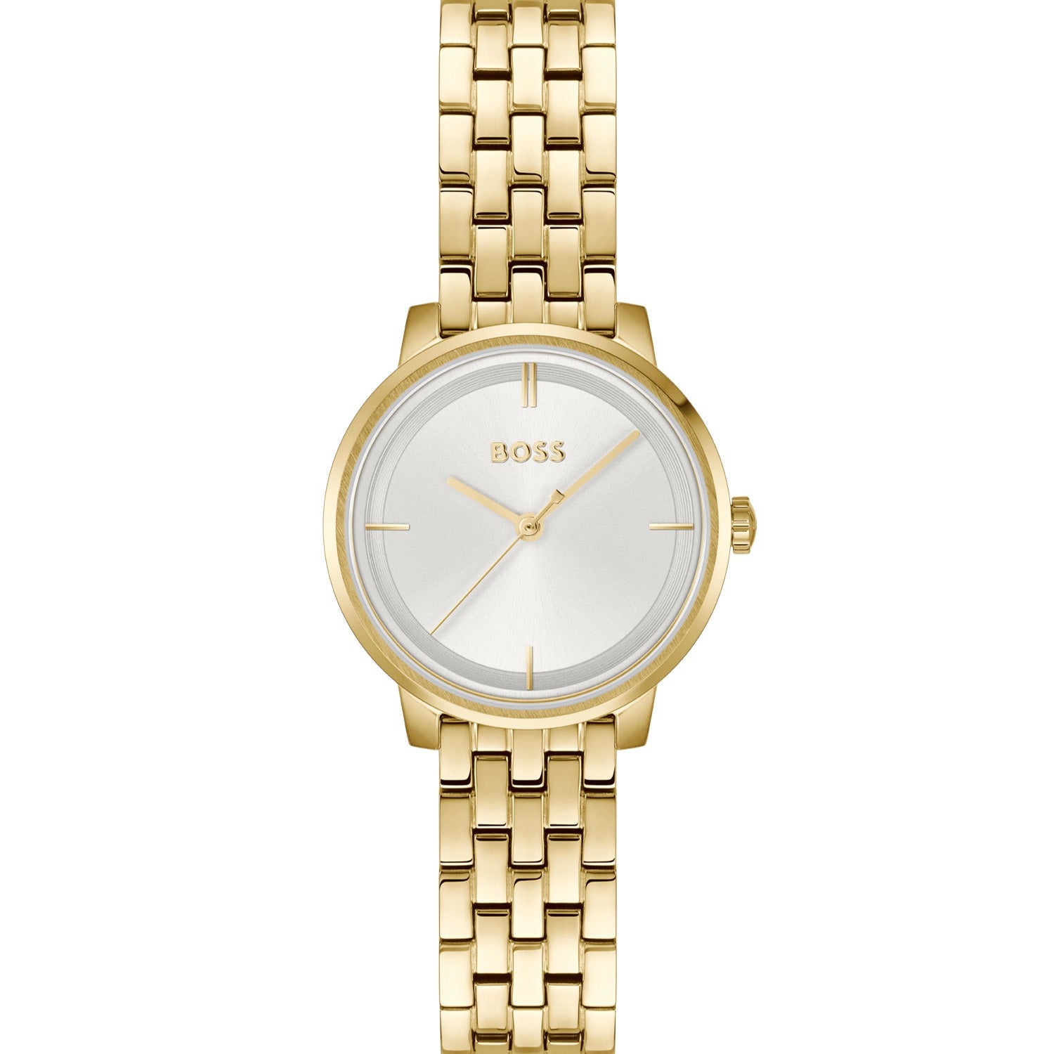 Goldfarbene Damenarmbanduhr mit rundem Zifferblatt und Metallgliederarmband, BOSS Logo