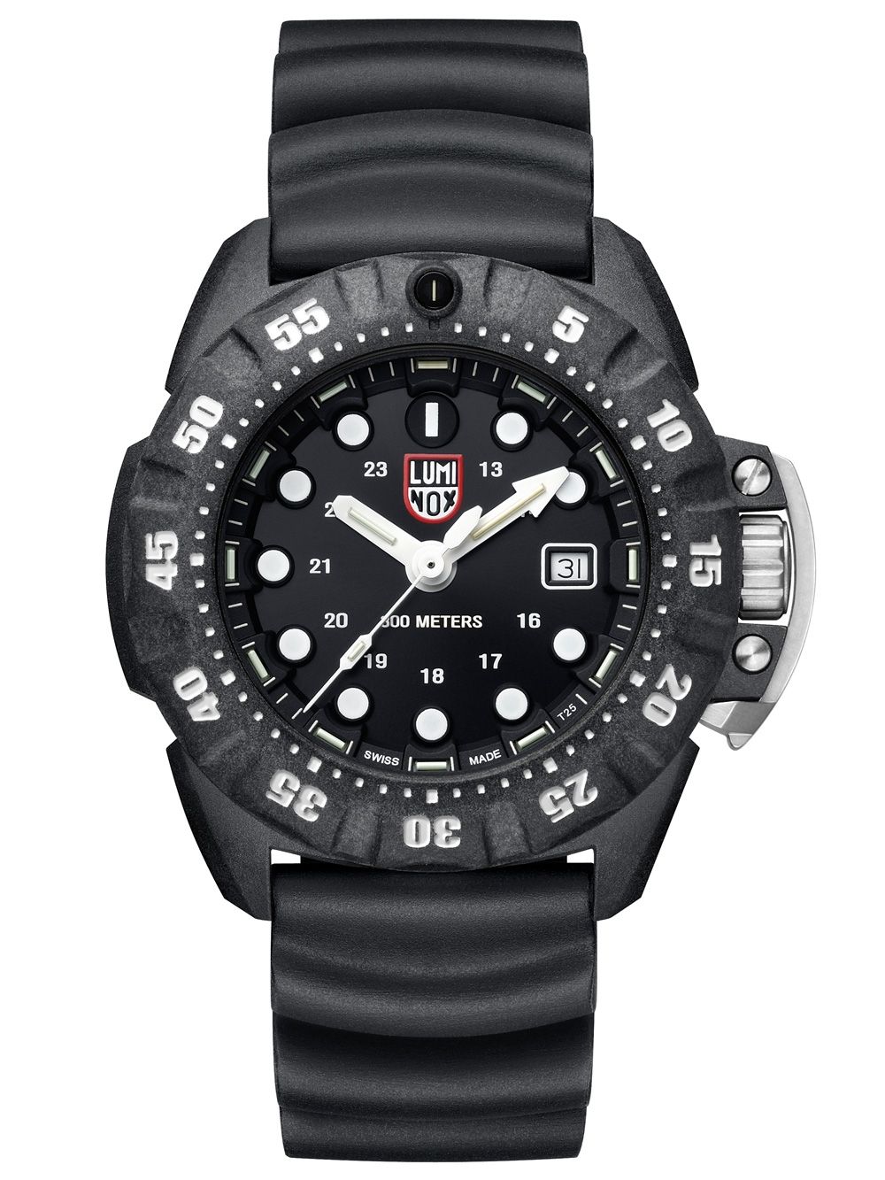 Luminox Herren-Armbanduhr, schwarzes Zifferblatt mit Datumsfenster, Tauchskala, schwarzes Kautschukband.