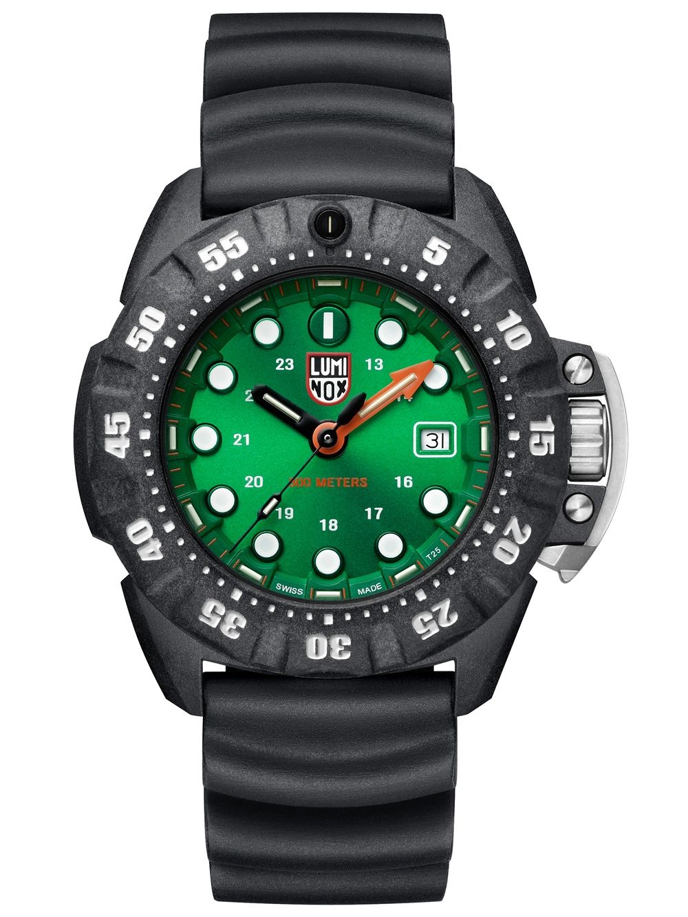 Herrenarmbanduhr Luminox mit grünem Zifferblatt, schwarzem Kautschukband und Stahlkrone.