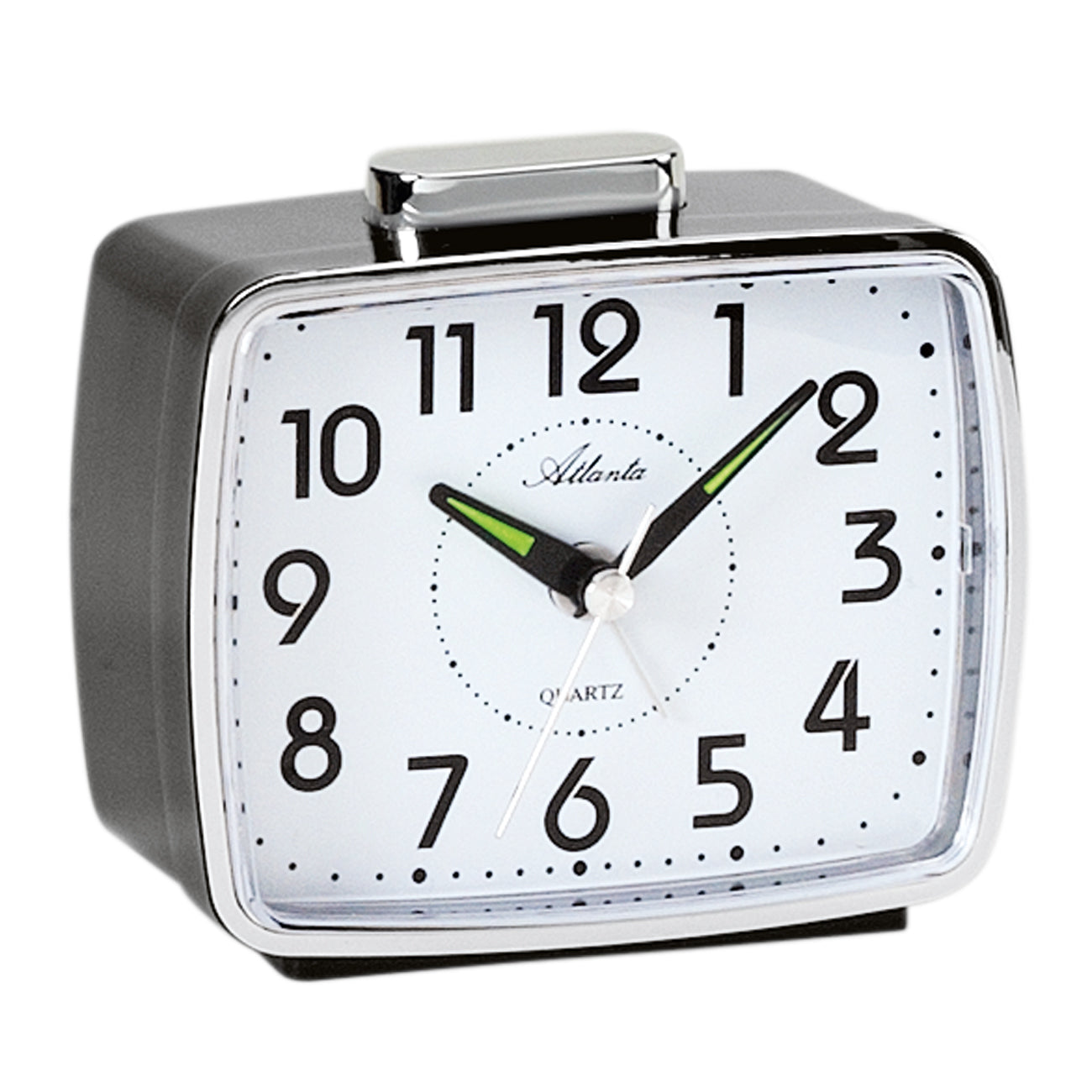 Analoger Wecker mit Quarzwerk, schwarzem Gehäuse und grünen Zeigern