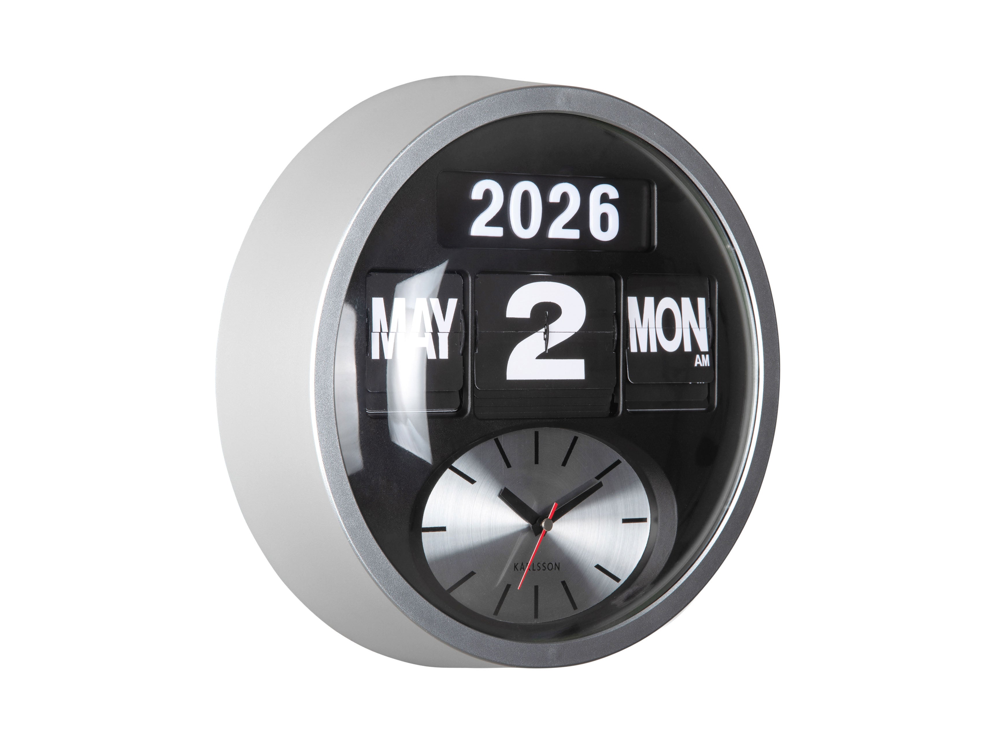 Karlsson Round Flip KA6030SI Wanduhr Silber • Analoge Zeitanzeige • Klappzahlen-Kalender