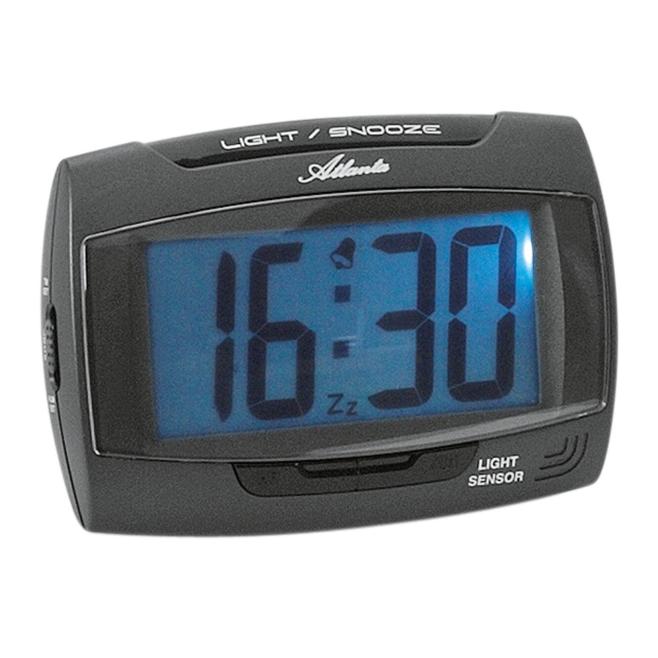Atlanta digitaler Wecker in dunkelgrau mit blauem Display und Tasten LIGHT/SNOOZE