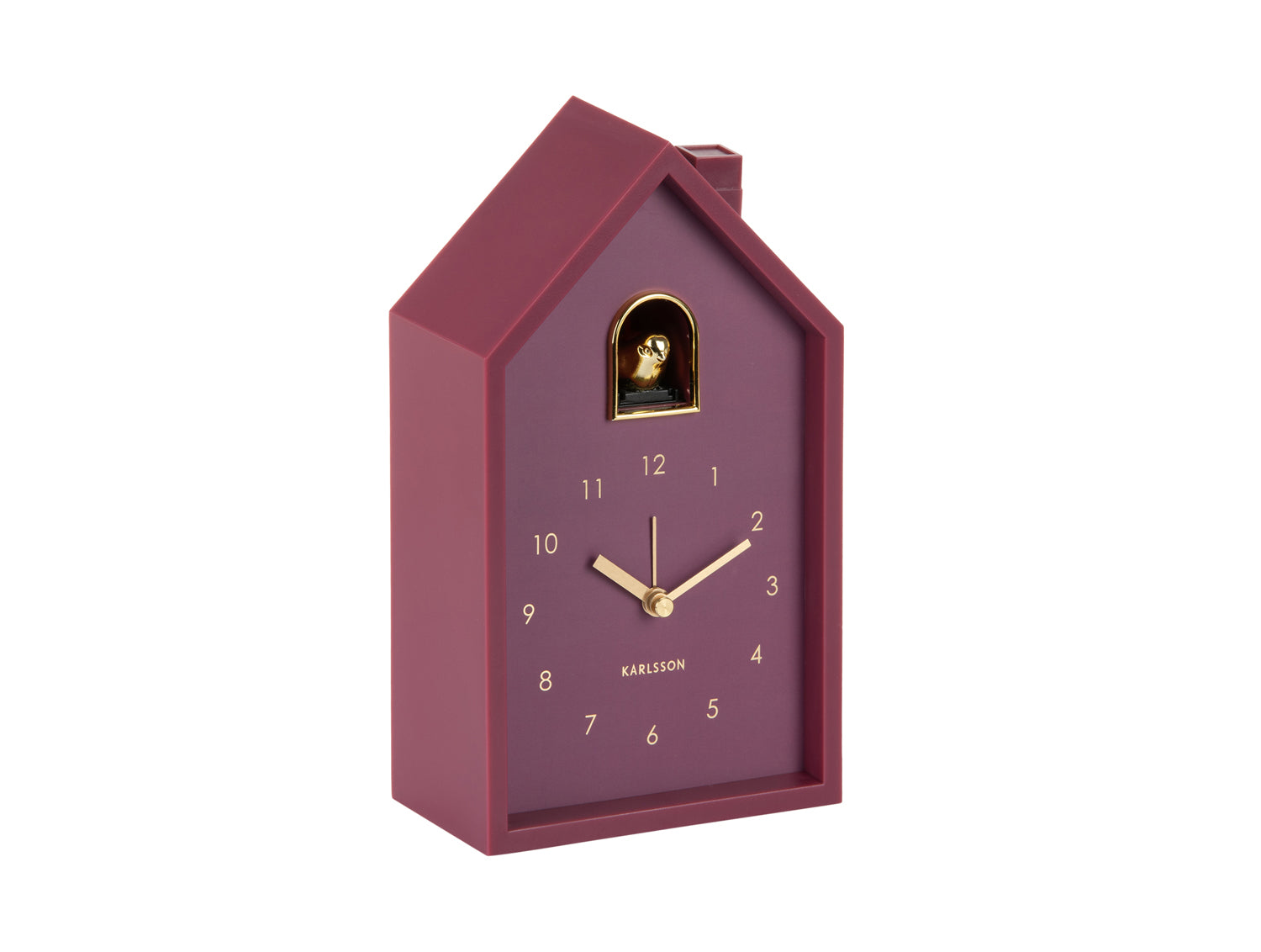 Karlsson Modern Cuckoo Oro KA6077PU Wecker Dunkelmauve • Kuckucksgeräusch mit Goldvogel • Snooze-Funktion