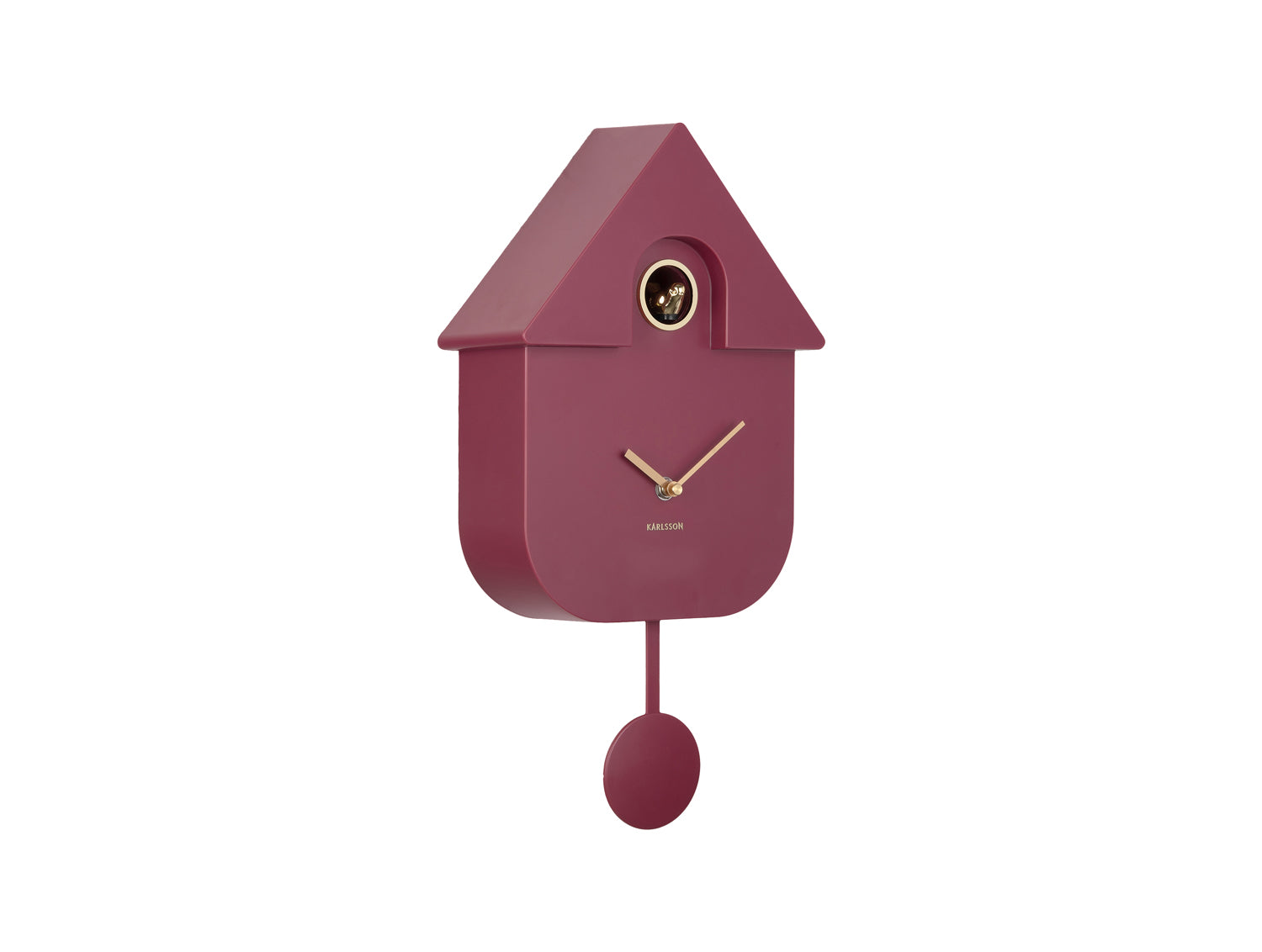Wanduhr im Vogelhaus-Design, weinrot, mit goldenem Uhrwerk und rundem Pendel