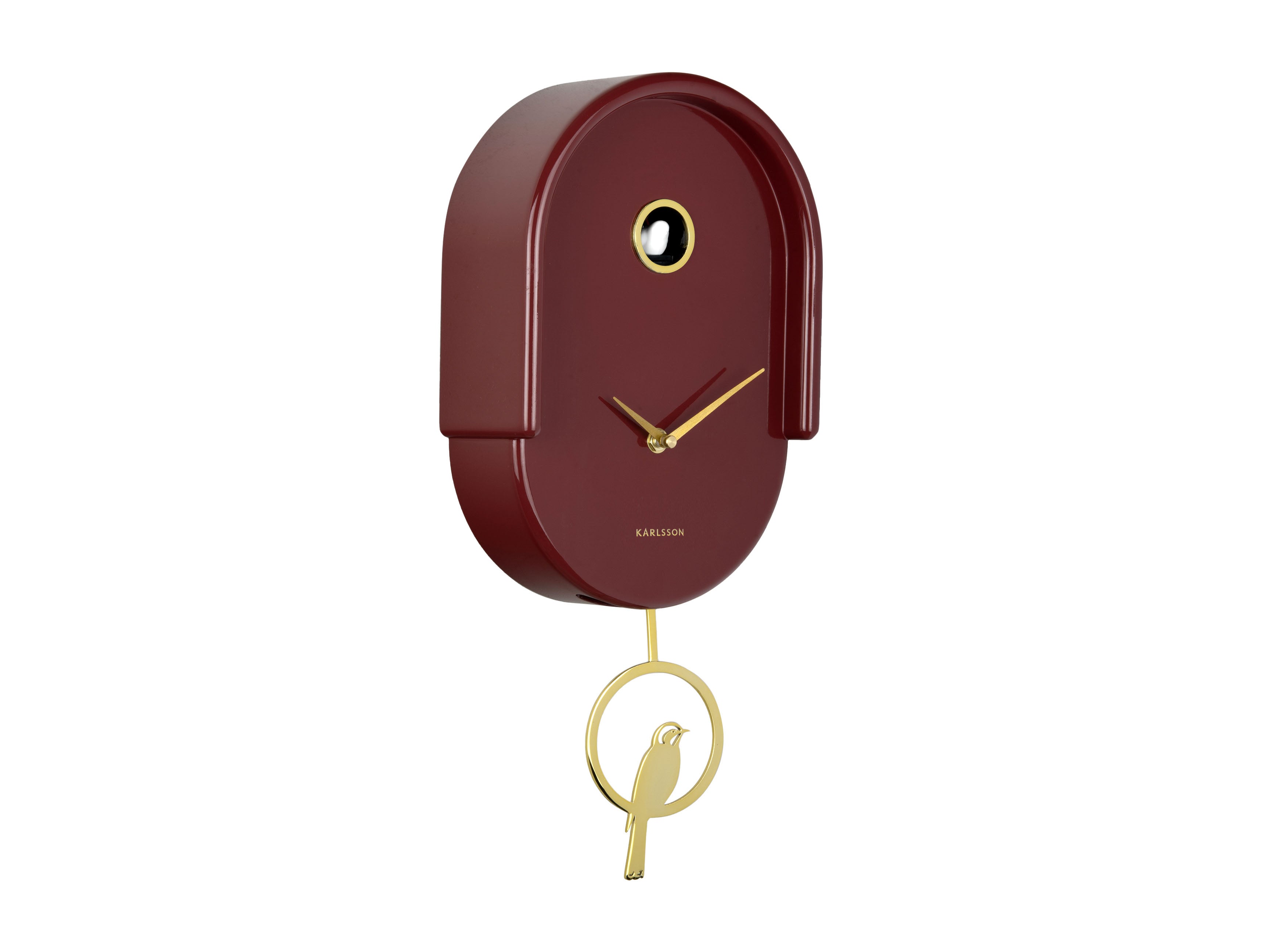 Karlsson Tweet KA6069RD Wanduhr Burgunderrot • Kuckucksvogel zur vollen Stunde • Goldenes Pendel