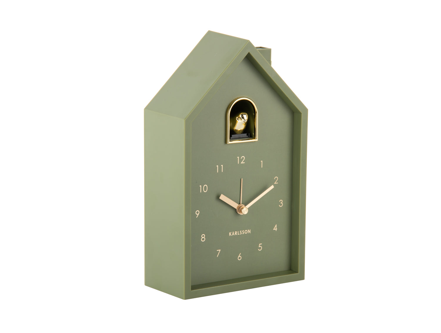 Karlsson Modern Cuckoo Oro KA6077GR Wecker Luxusgrün • Kuckucksgeräusch beim Alarm • Vergoldeter Vogel