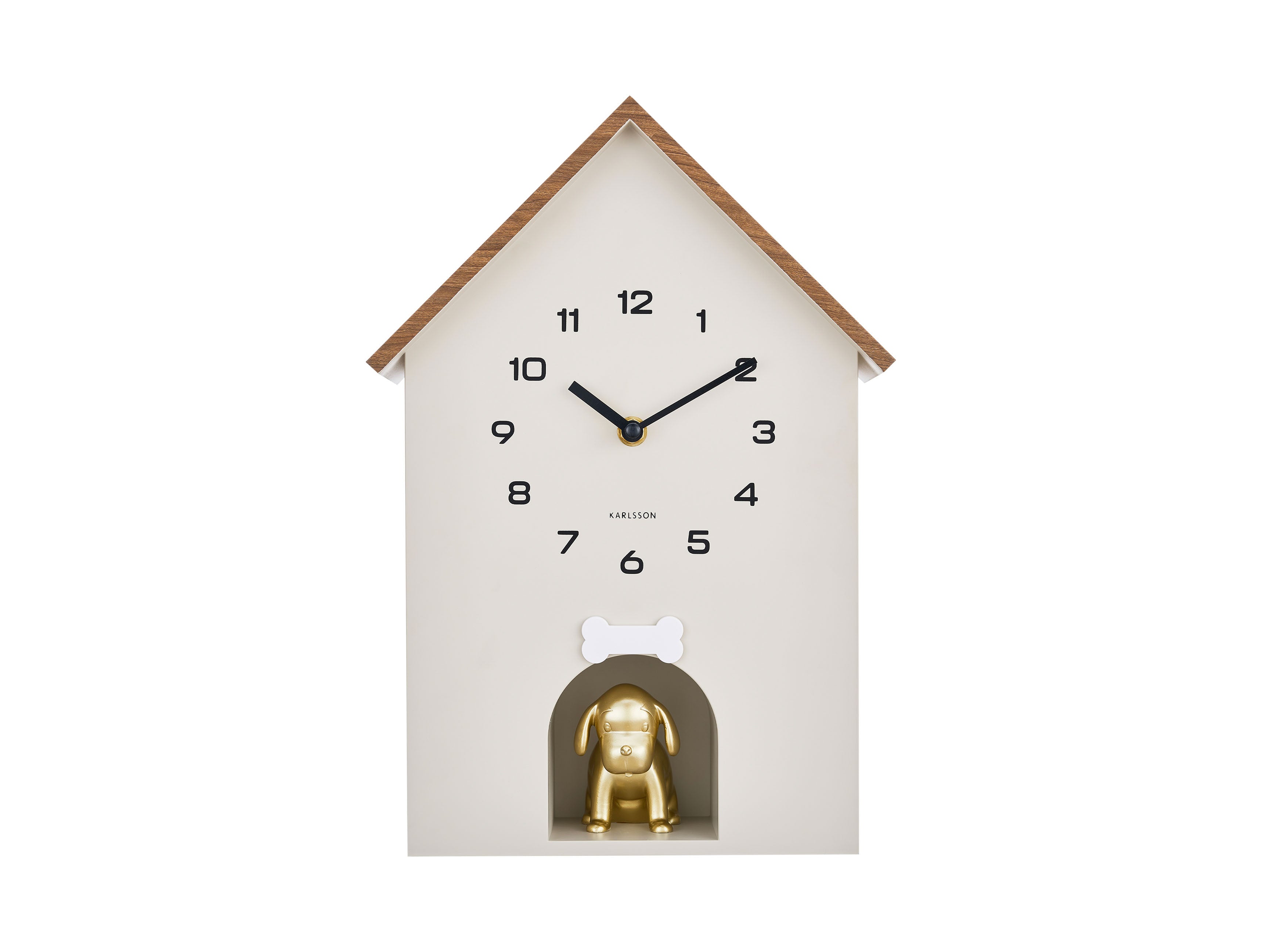 Karlsson Dog House KA6108WG Wanduhr Warmgrau • Sweep-Uhrwerk • Kuckucksdesign mit goldenem Hund