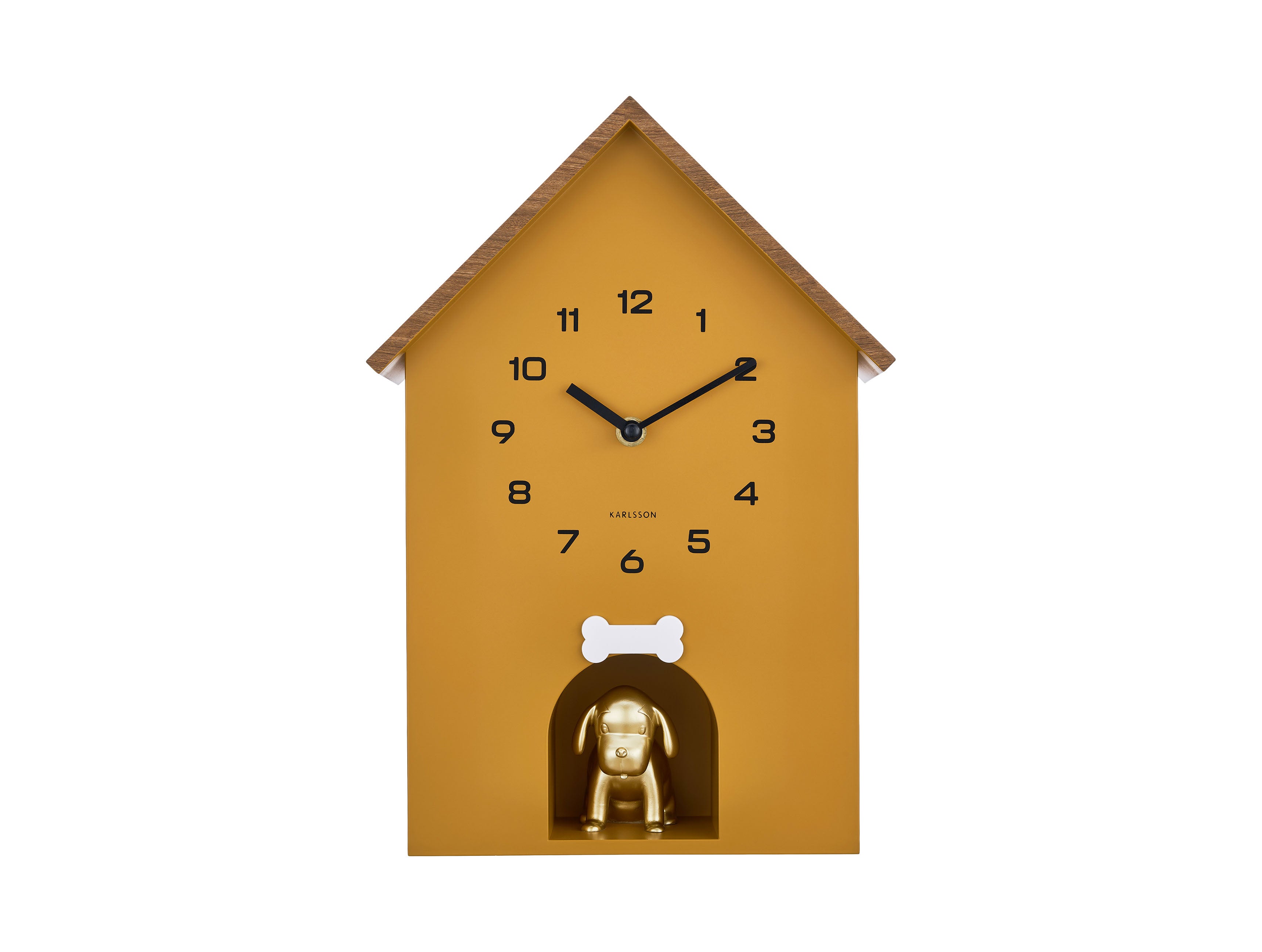 Karlsson Dog House KA6108YE Wanduhr Ockergelb • Geräuschloser Sweep-Antrieb • Verspieltes Kuckucksuhr-Design