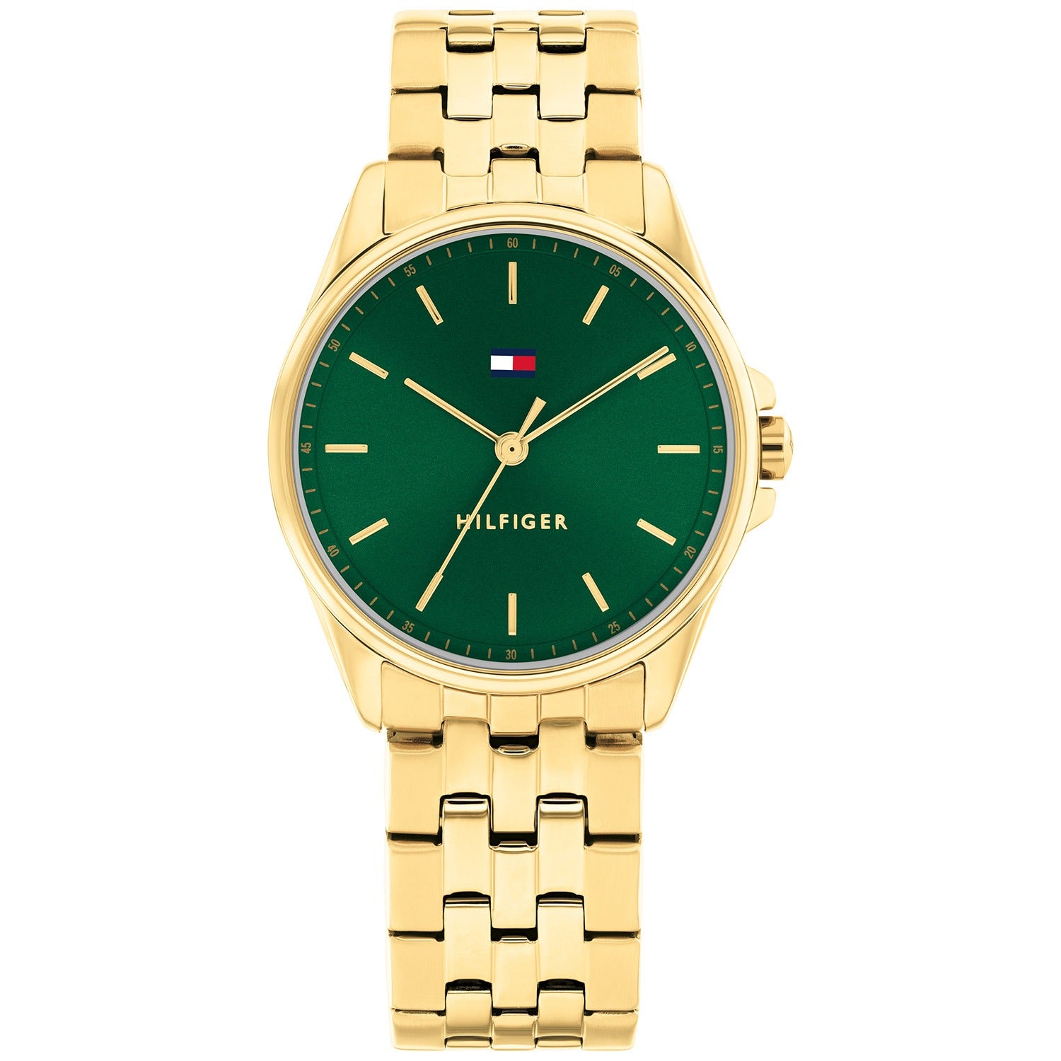 Tommy Hilfiger Jade Damenuhr mit grünem Zifferblatt und goldfarbenem Edelstahlarmband