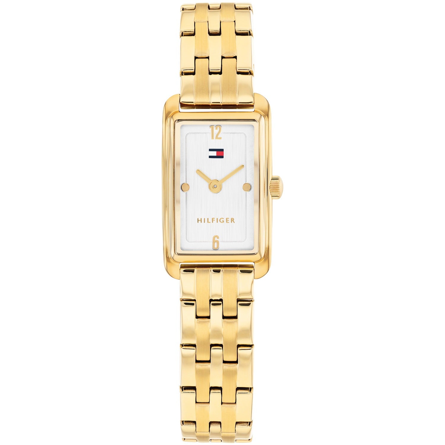 Tommy Hilfiger Damenuhr mit rechteckigem goldenem Gehäuse, weißem Zifferblatt und Metallarmband